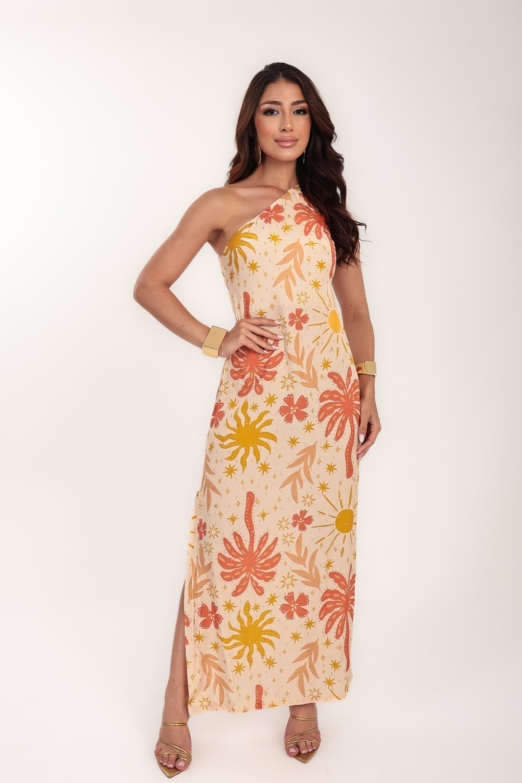 Vestido longo Ícone Fashion Fenda estampa Tropical Dream Brilho Praia