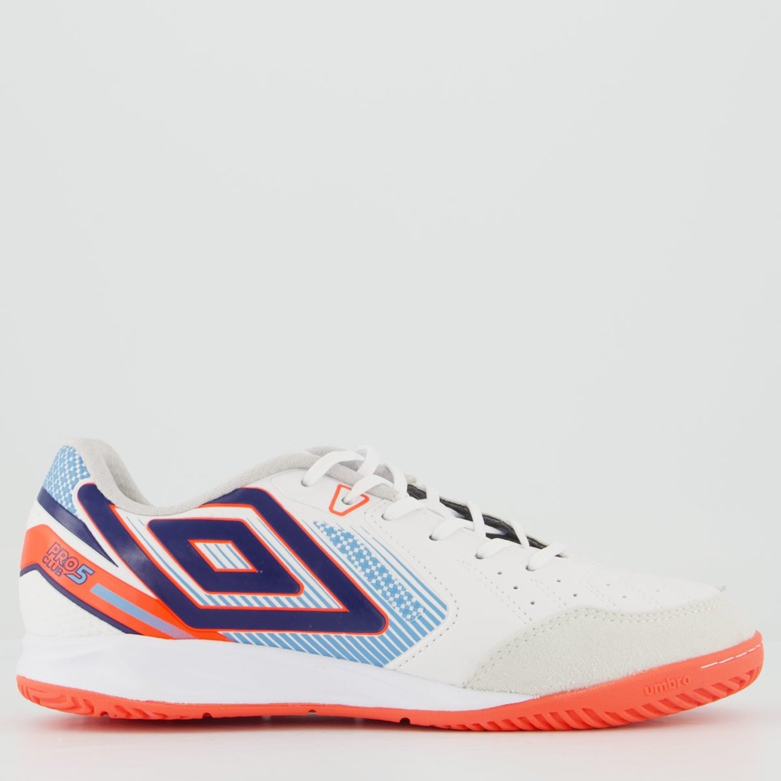 Chuteira Umbro Pro 5 Bump Club II Futsal Juvenil Branca e Azul