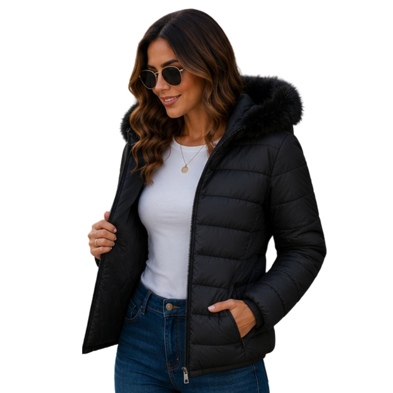Jaqueta Feminina Dupla Face Peluciada Ted e Puffer Com Capuz Inverno Preto