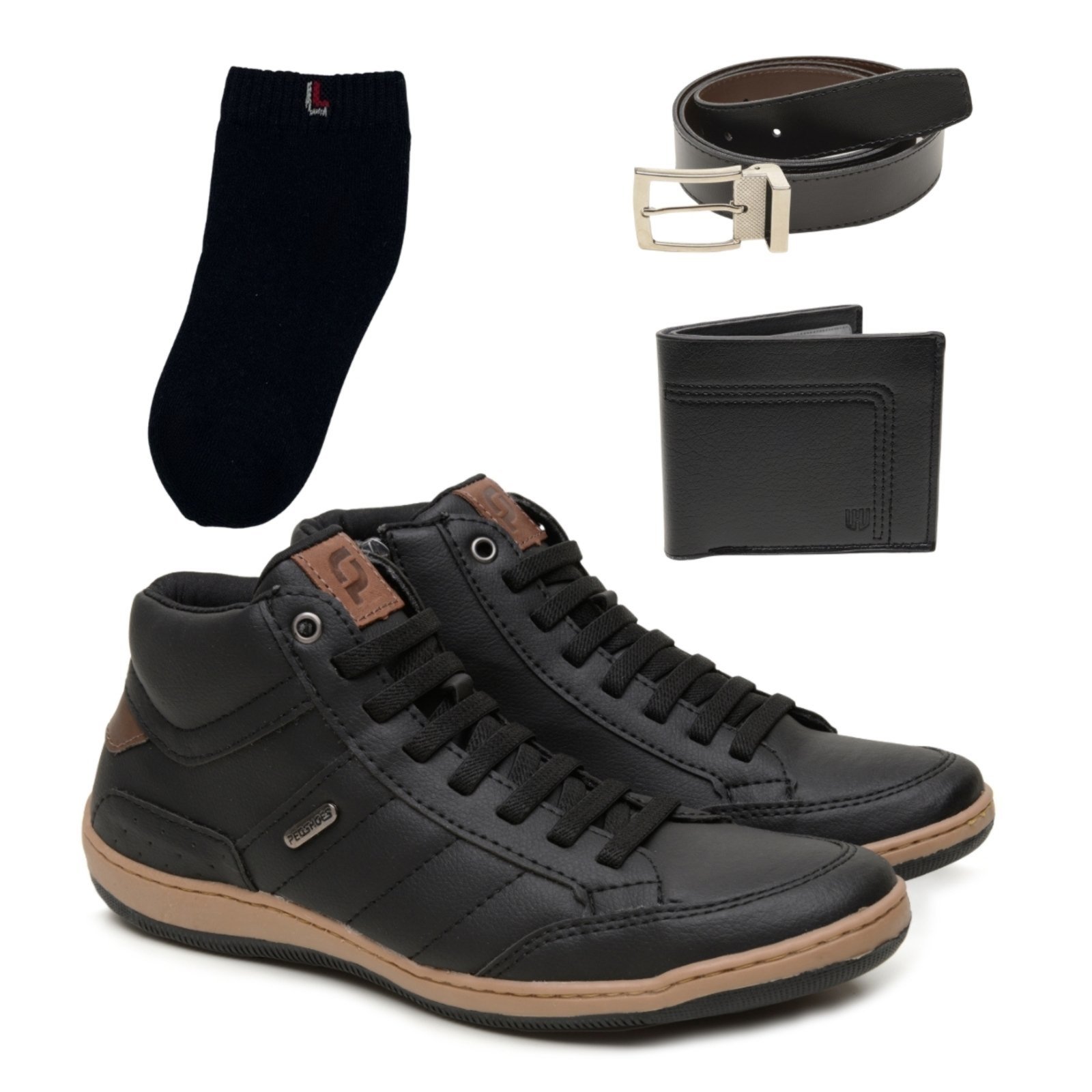 Kit Sapato Casual Masculino Confortável com Cinto Carteira e Meia Preta Algodão