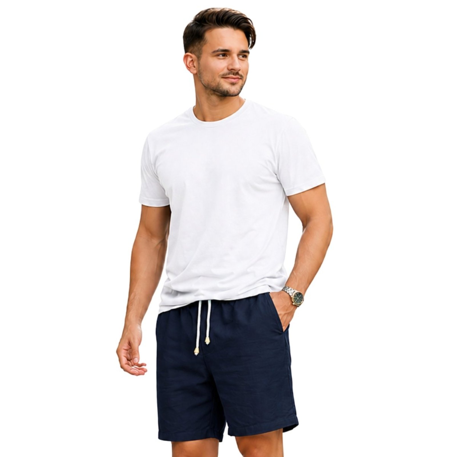 Conjunto Short Masculino Bermuda Linho Premium + Camiseta Basica Moda Sofisticada