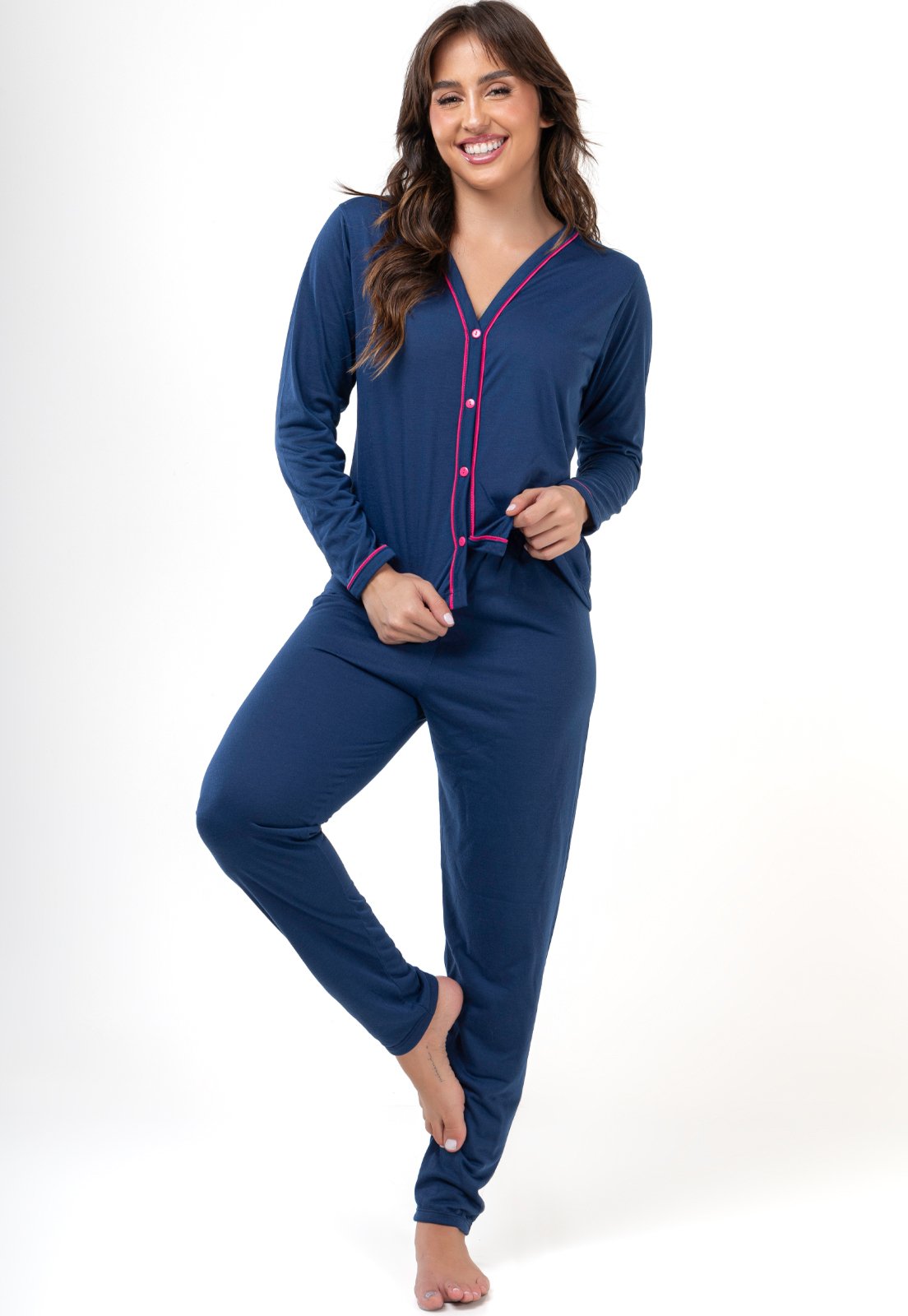 Pijama Mood Modas Americano Amamentação Longo Parto Pós Cirúrgico Botao Camisaria 046 Azul