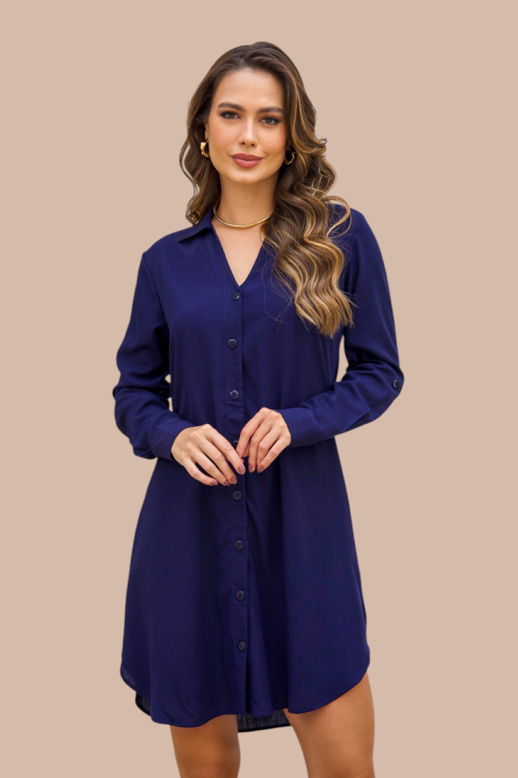 Vestido Chemise Curto Ícone Fashion Manga Longa Azul Marinho