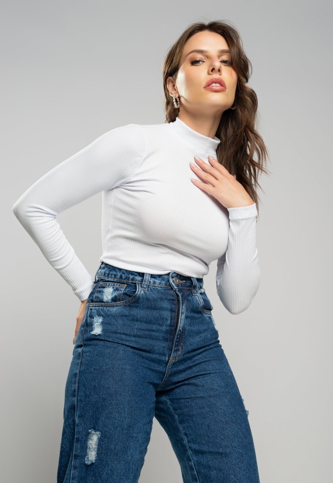 Blusa Salvatore Gola Alta Manga Longa Malha Canelada Branca