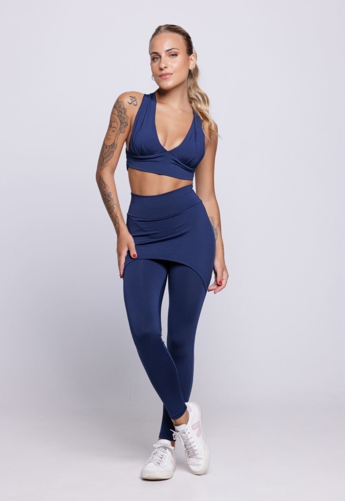 Conjunto Top Bojo e Calça Saia Fitness Suplex WLS Modas Cintura Alta Alça Academia Marinho
