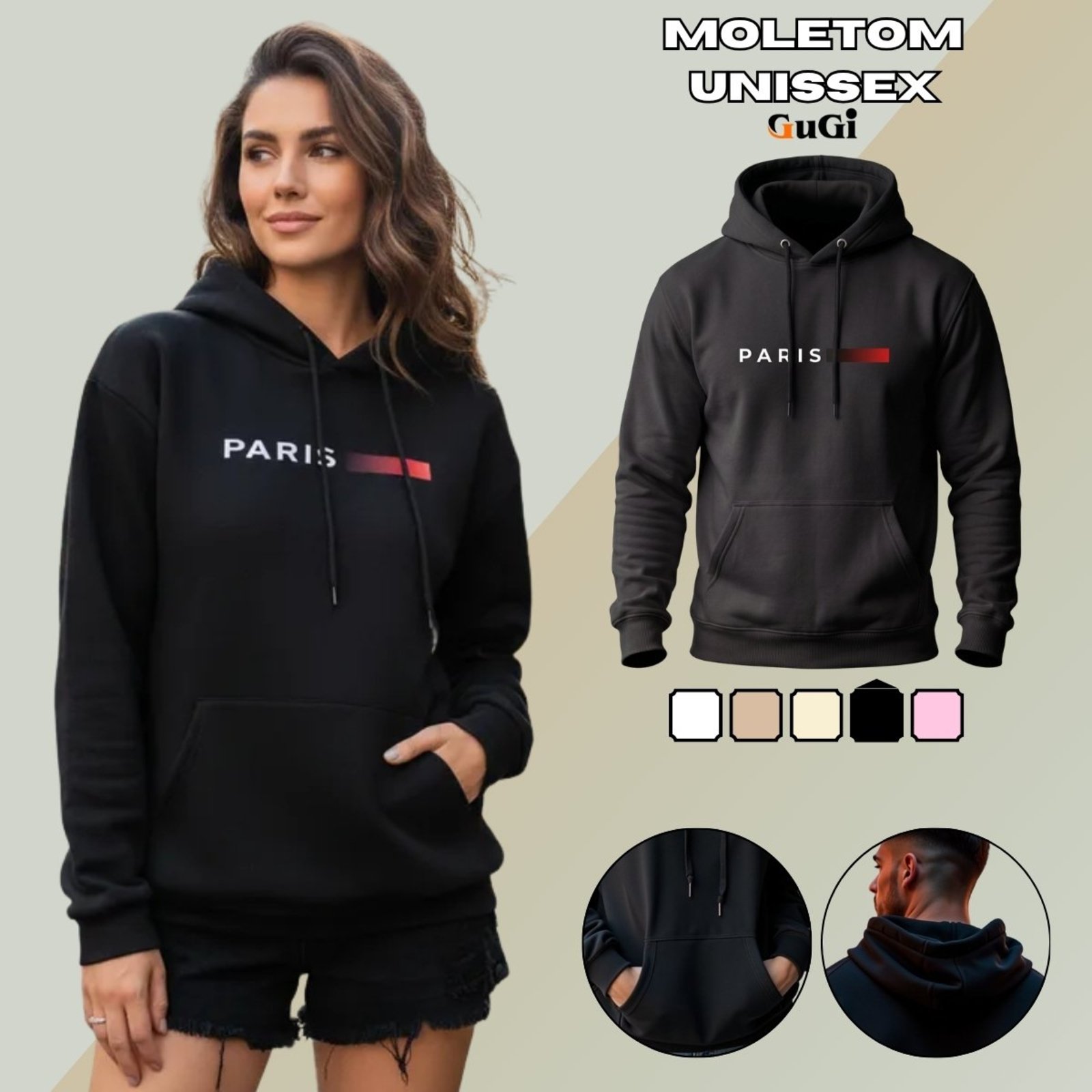 Moletom Canguru Unissex Com Capuz GuGi Paris Cidade Preto