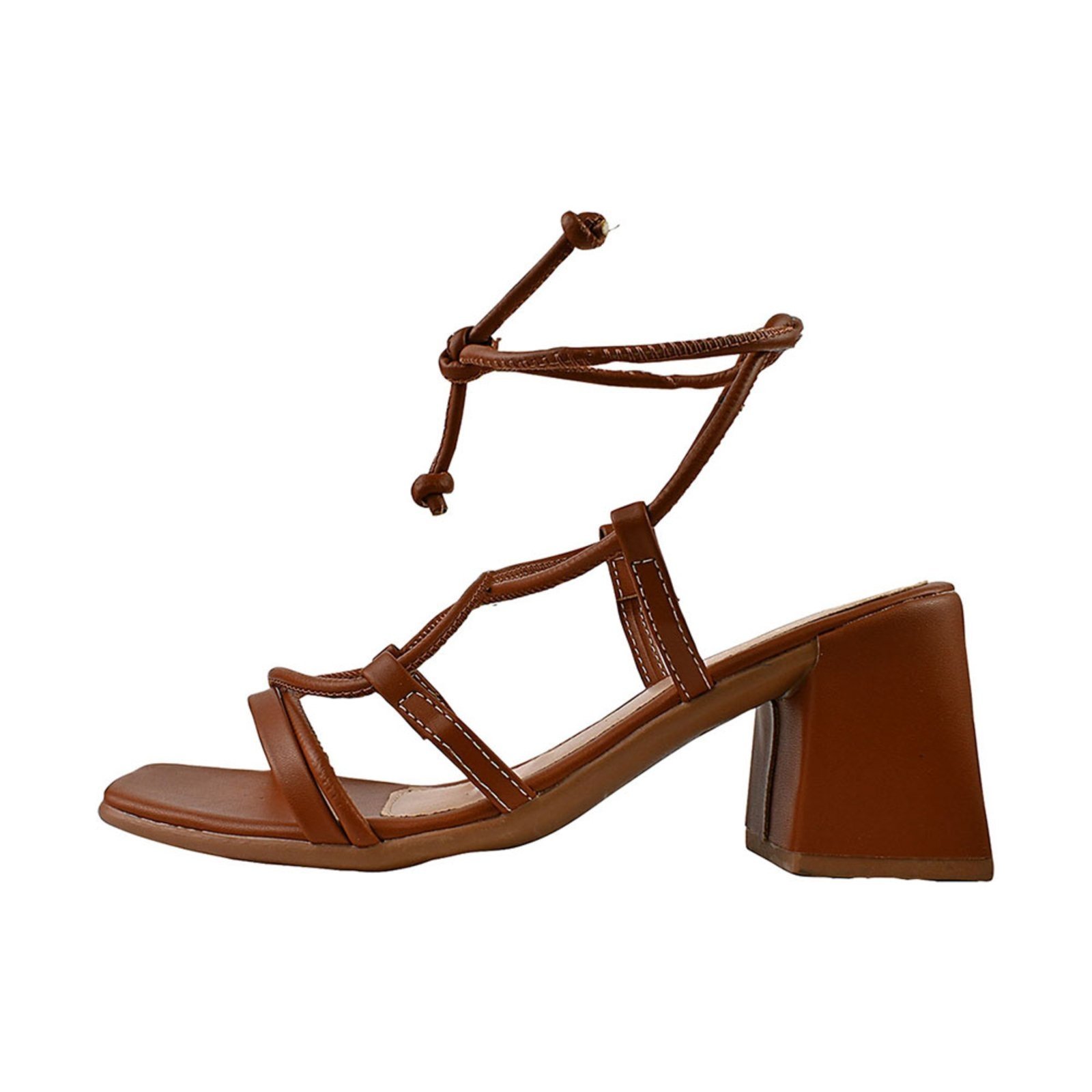Vista 3 Sandália Feminina Salto Alto Donatella Shoes Amarrar Tira Nó Gladiadora Bico Quadrado Casual Santorine Monte Shoes marrom Monte Shoes marrom