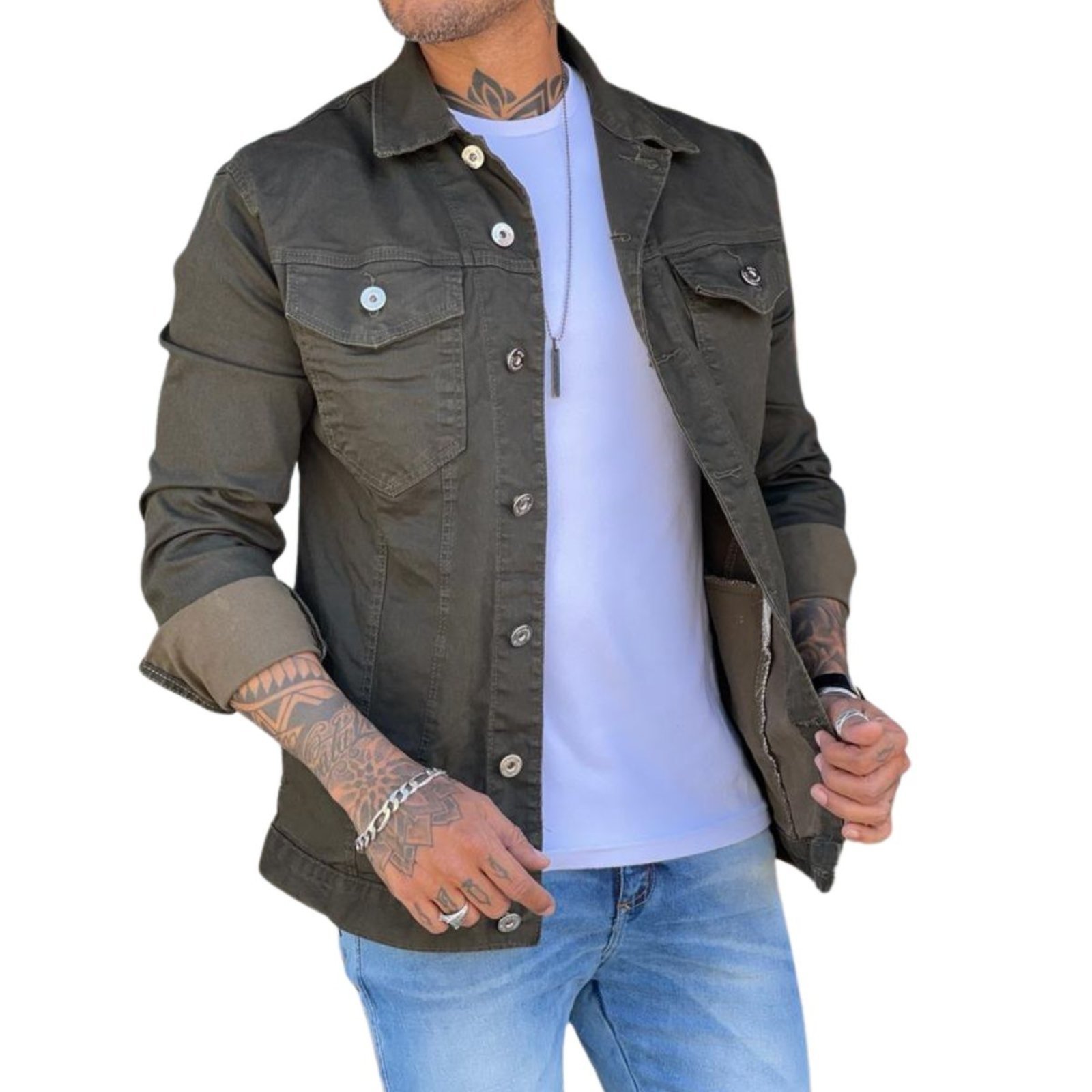 Vista 2 Jaqueta Masculina Sarja Quadriculada Alleppo Jeans verde/verde militar verde Alleppo Jeans verde/verde militar verde