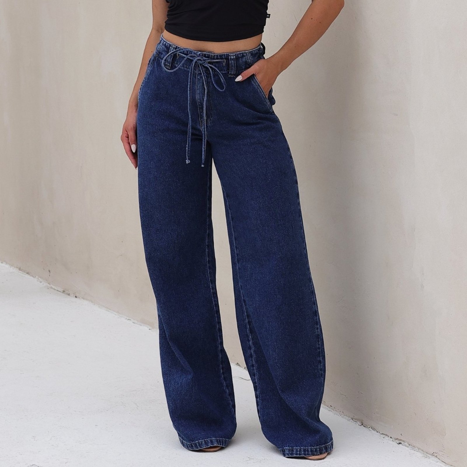 Calça Jeans Wide Leg Cós Com Elastico e Cordão Feminino Revanche Albócela