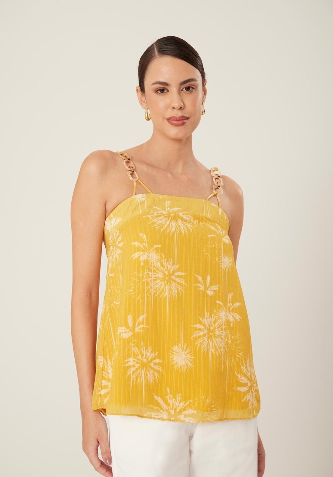 Blusa Alongada Estampada com Detalhe Alças