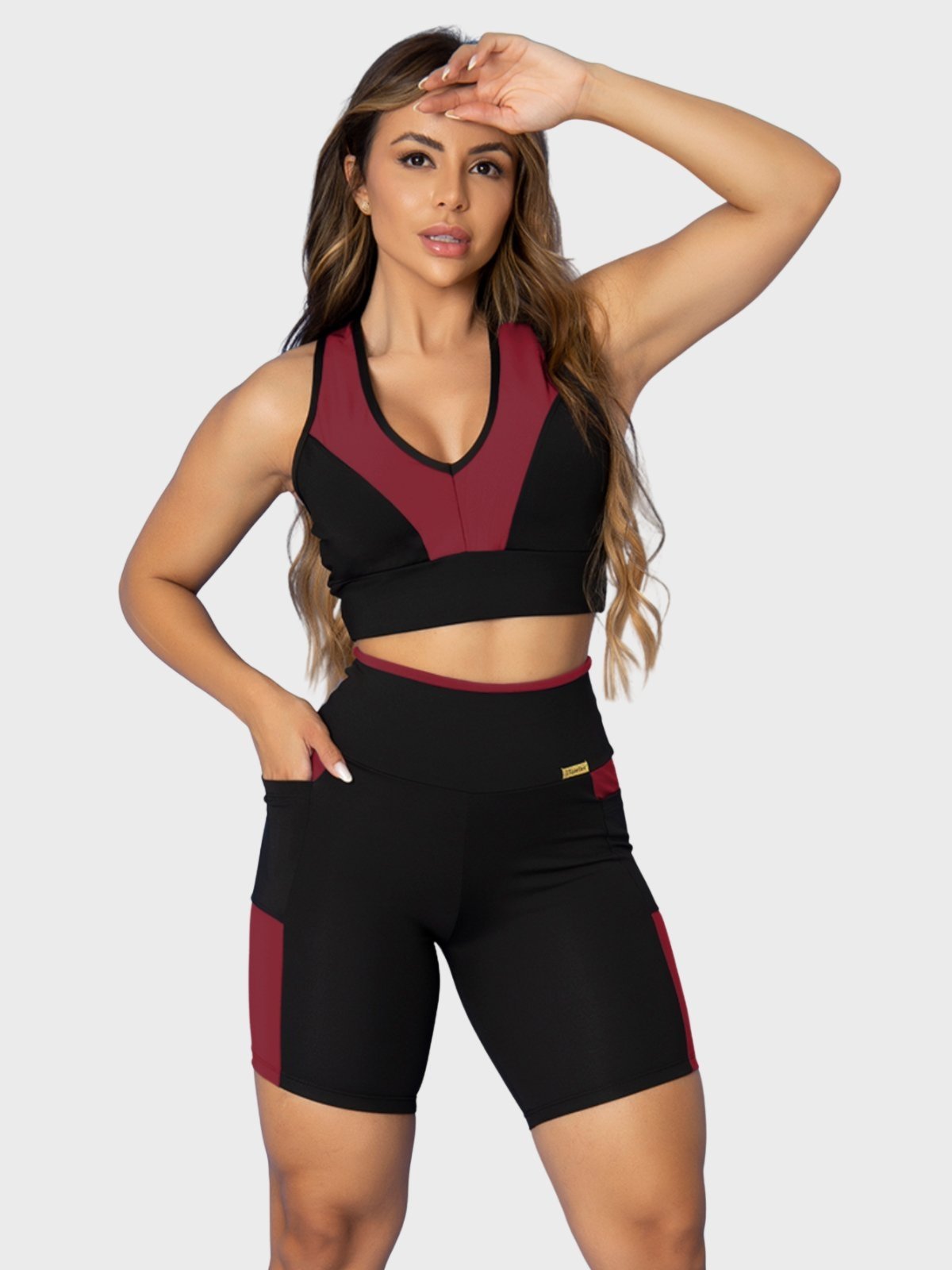 Conjunto Fitness Tarelles Top Short Bolso Preto e Bordô