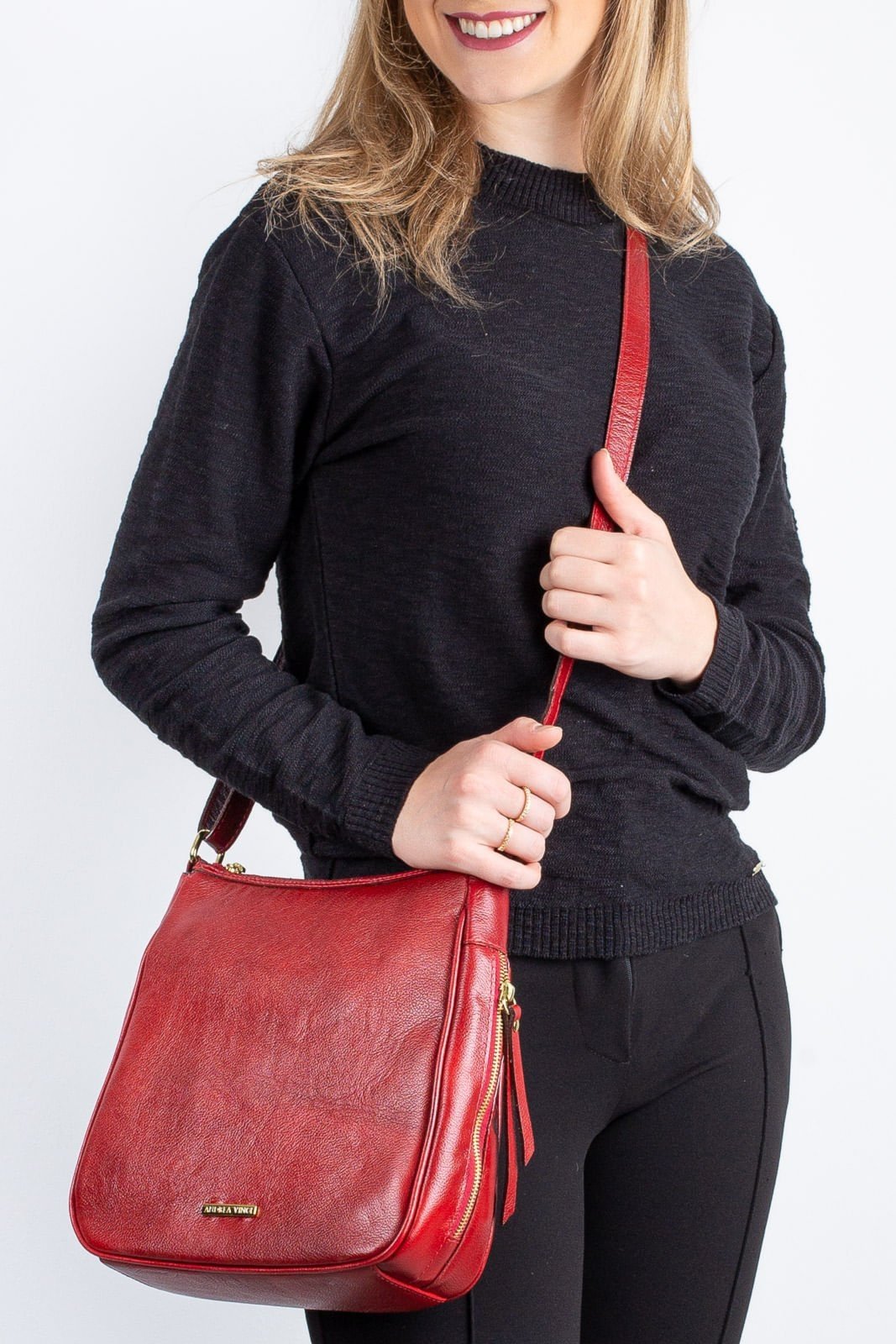 Bolsa tiracolo de couro liso Camila - Vermelho