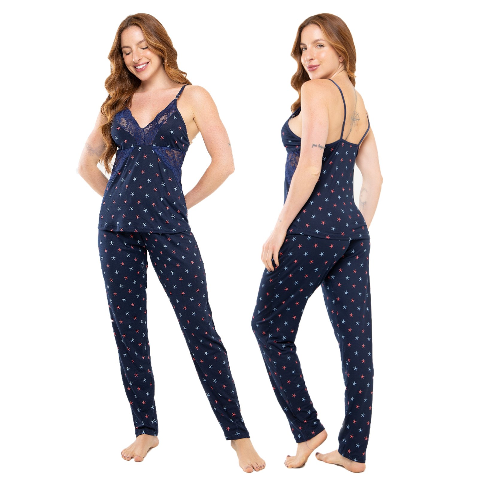 Pijama Feminino Longo Feminino Manga Curta Alça Inverno 012 MARINHO