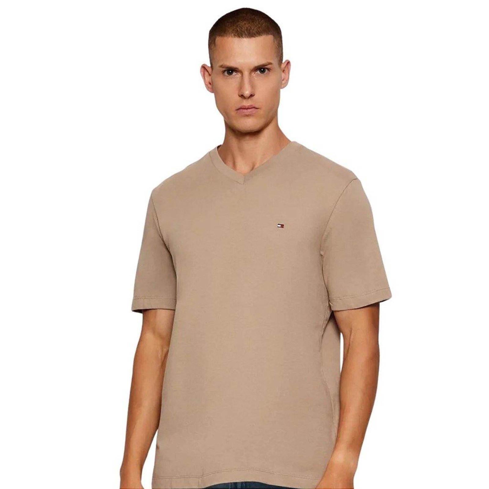 Vista 2 Camiseta Tommy Hilfiger Essential Gola V Neck Tee Caqui marrom caqui Tommy Hilfiger marrom caqui