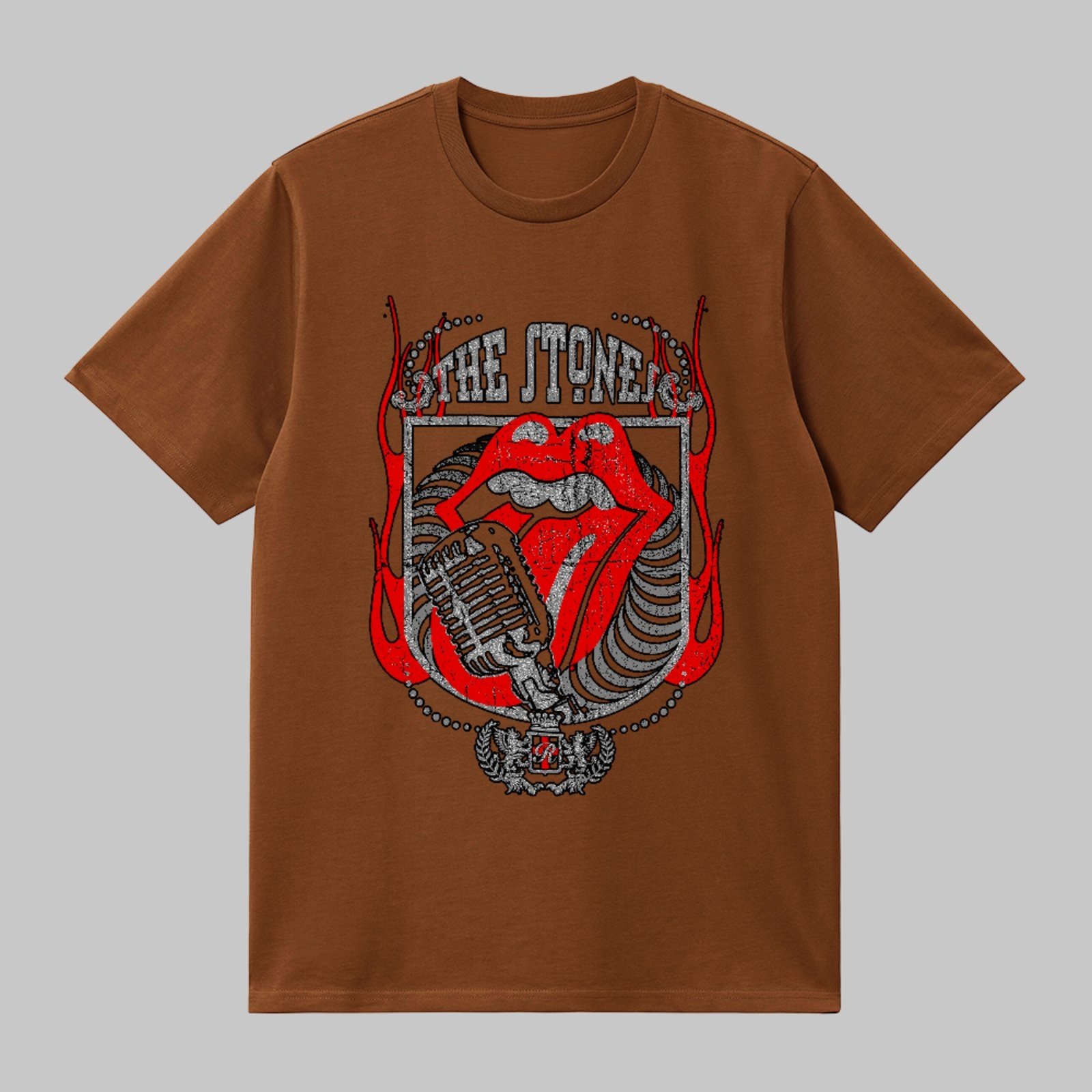 Camiseta Básica Rock And Roll Lips Vintage Unissex Marrom