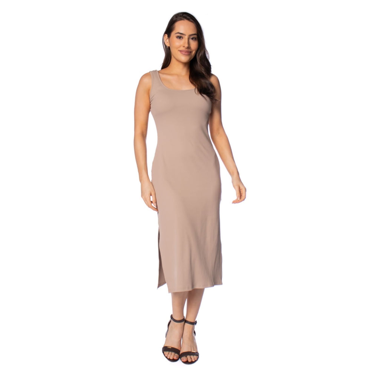 Vestido Feminino Olho Fatal Midi Canelado Bege