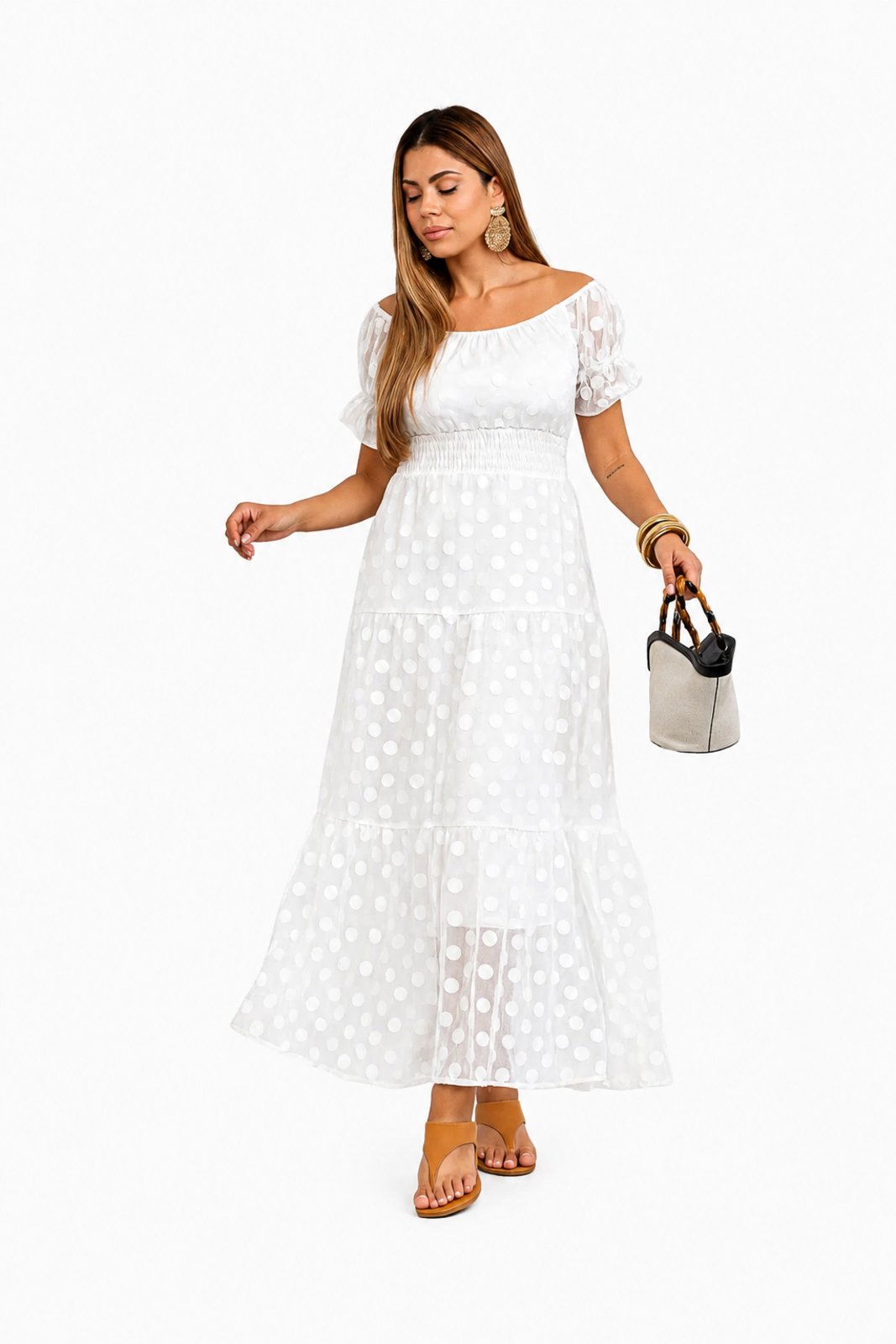 Vestido Longo D Bell Outlet Poá Branco