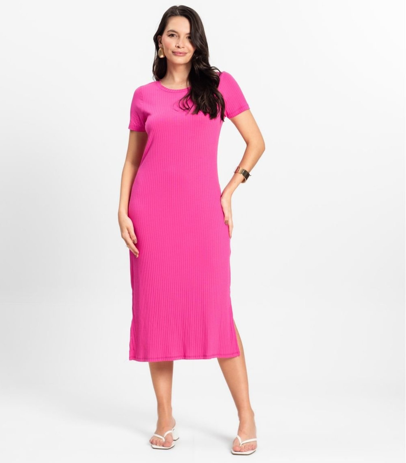 Vestido Midi Ribana Canelada Básico Rovitex Rosa