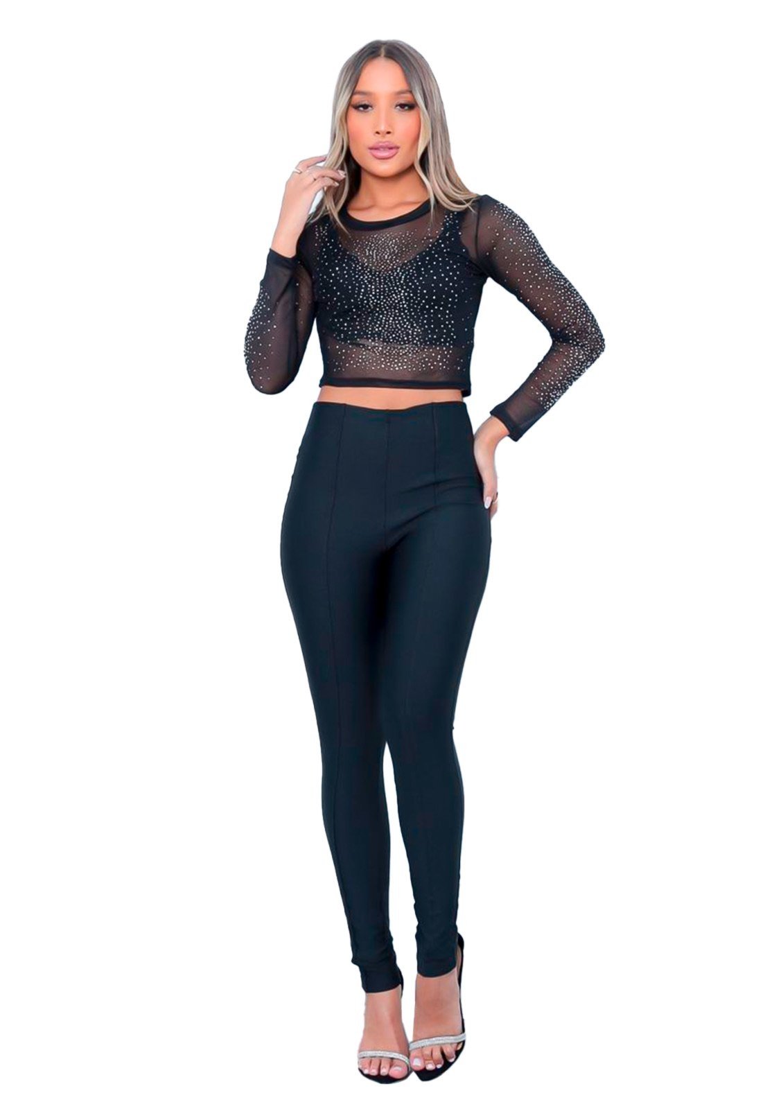 Cropped Blusa Ywc ind Manga Longa Tule Pedraria Brilho Strass Festa Preto