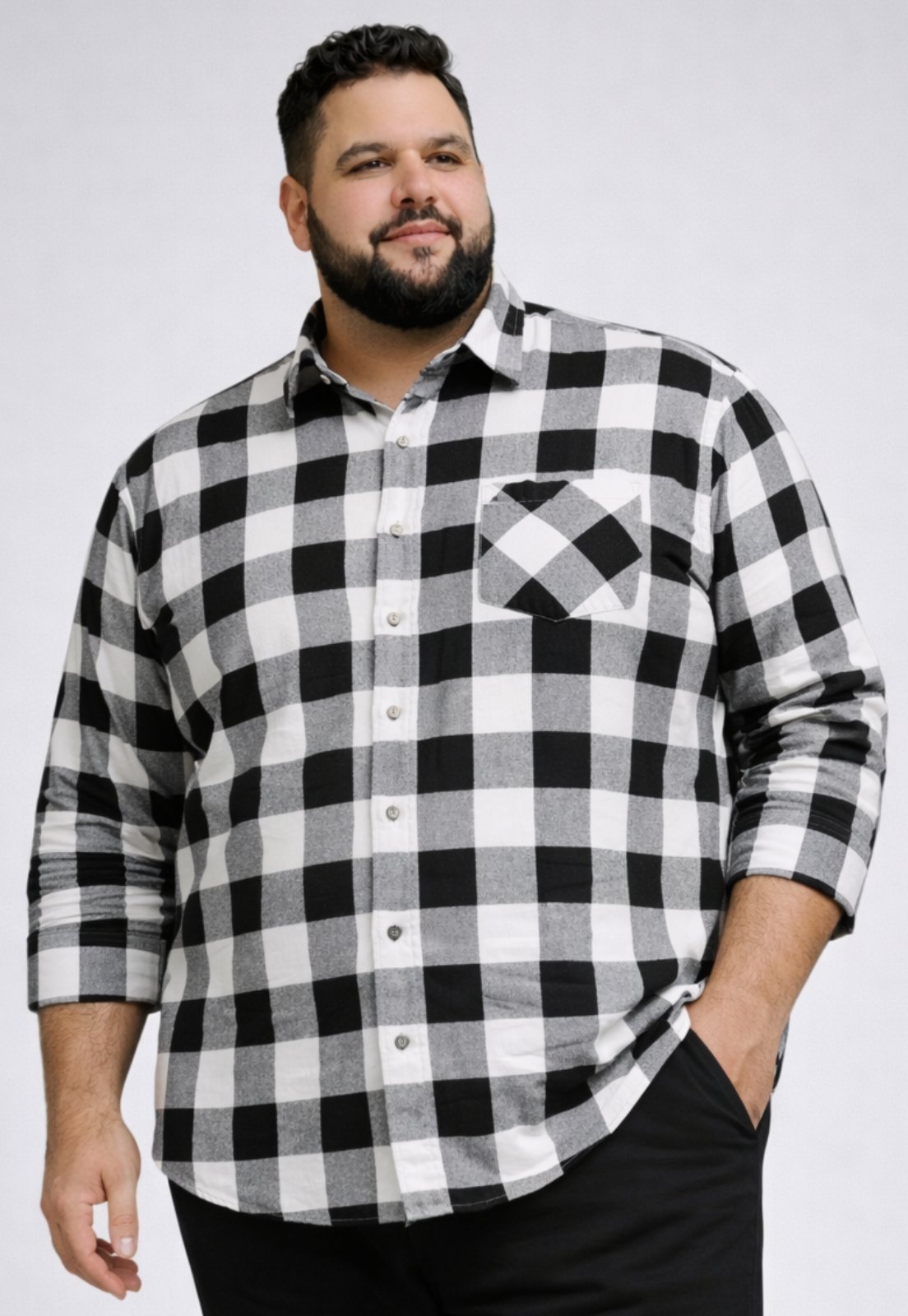 Camisa Xadrez Masculina Plus Size Manga Longa Daze Modas Branco Com Preto