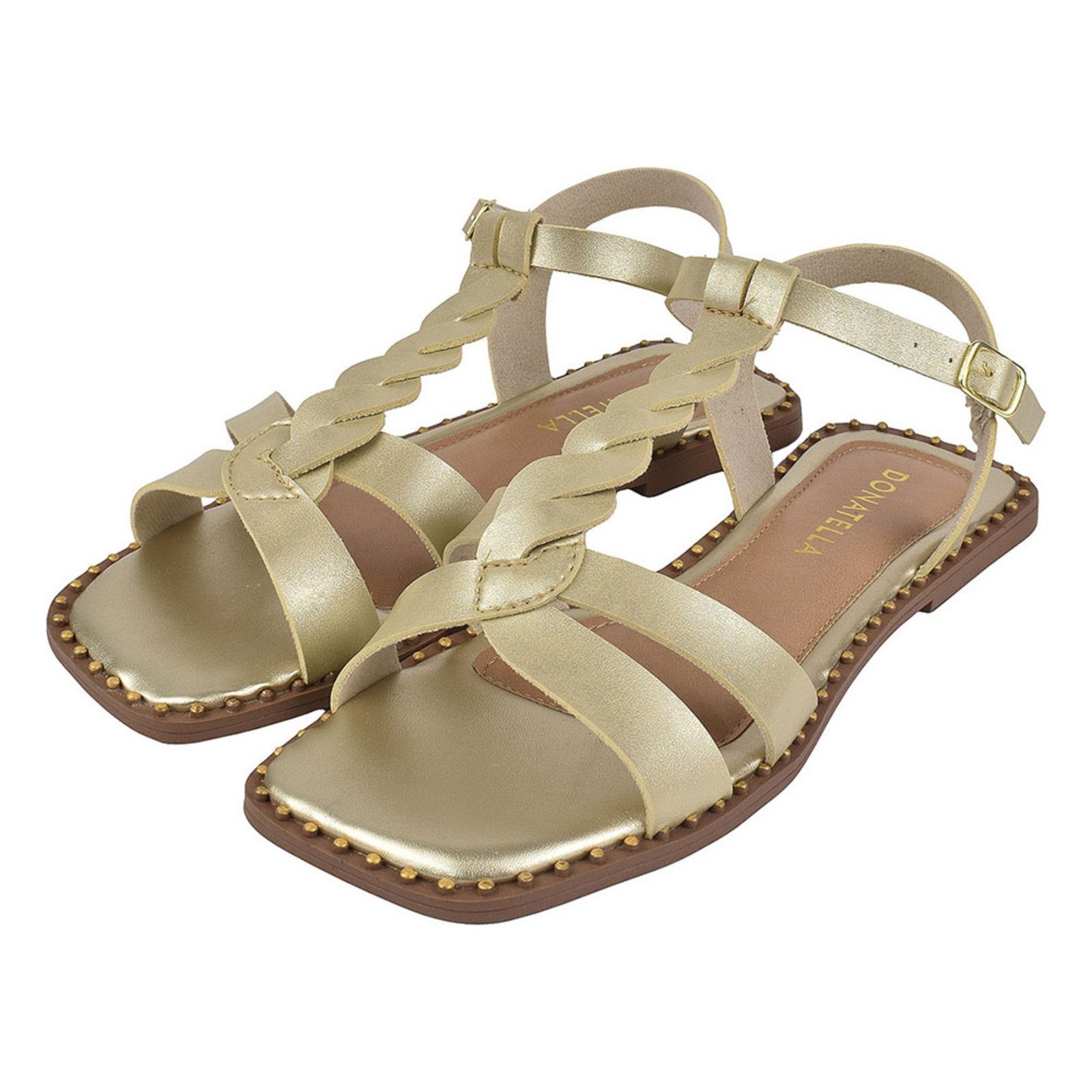 Sandália Rasteira Feminina Bico Quadrado CM Calçados Rasteirinha Rebite Trança Leve Macia Ouro Light