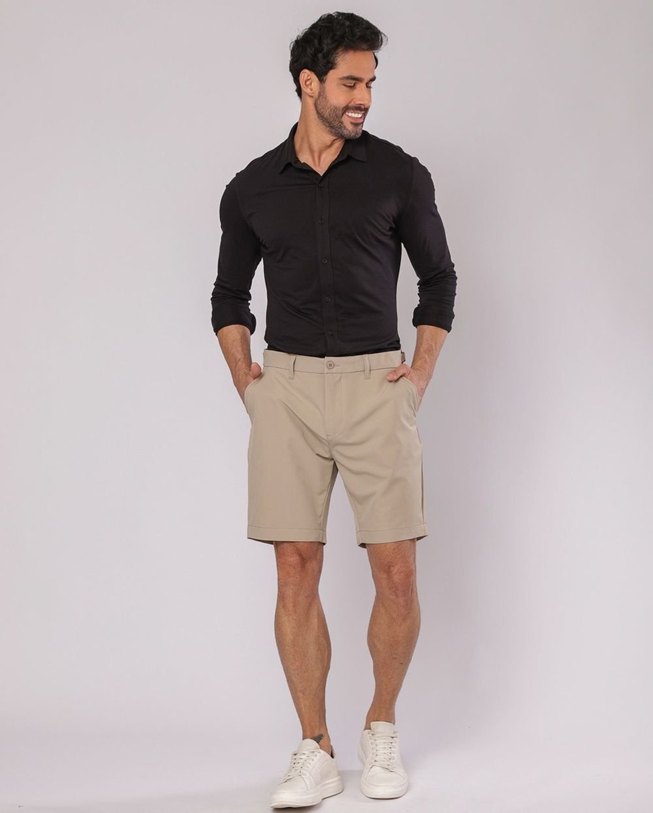Bermuda Alfaiataria Masculina Microfibra Regulador de Fivela 11140 Caqui Consciência