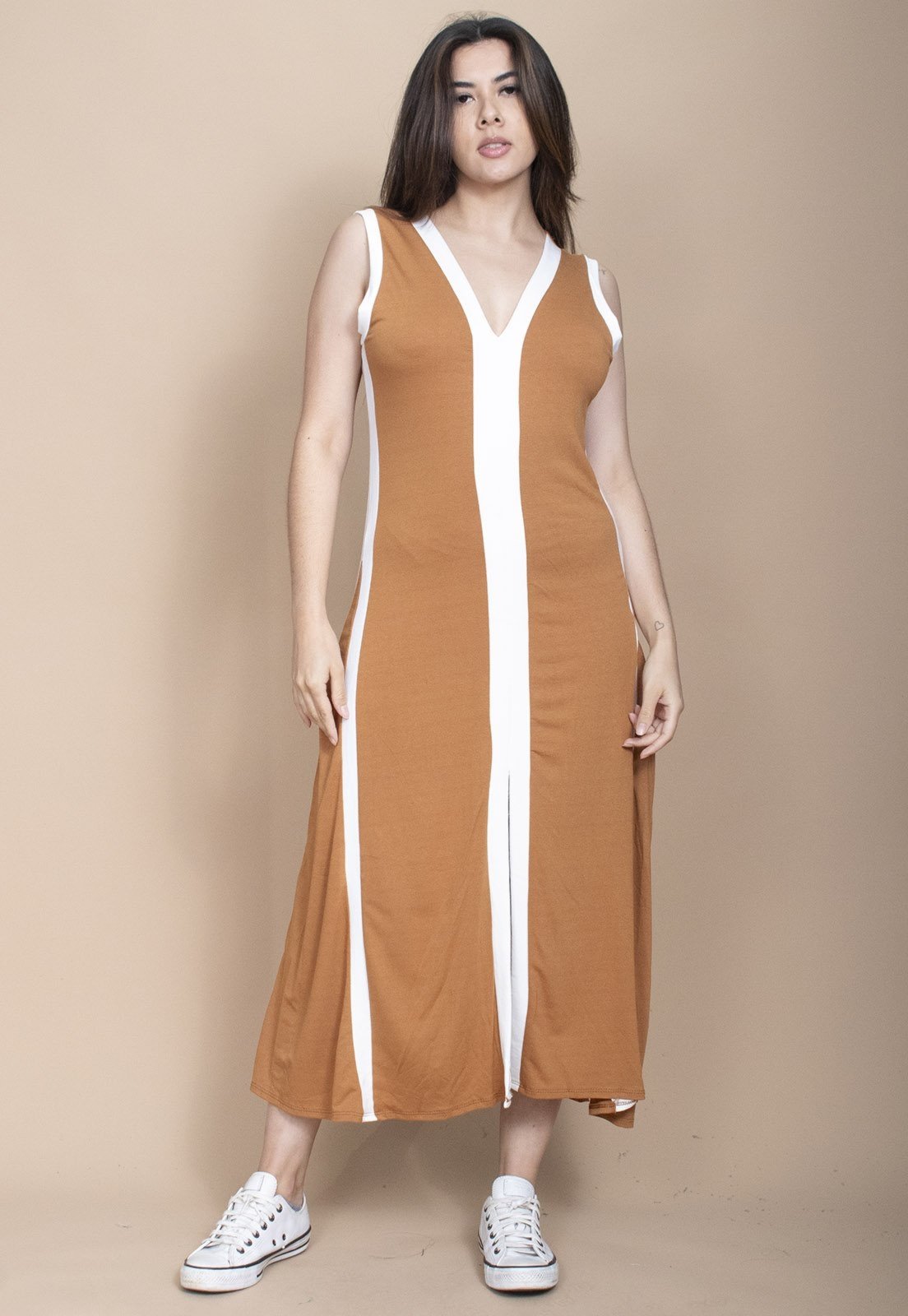 Vestido Cabanafree Midi Fenda Frontal Color Block Laranja
