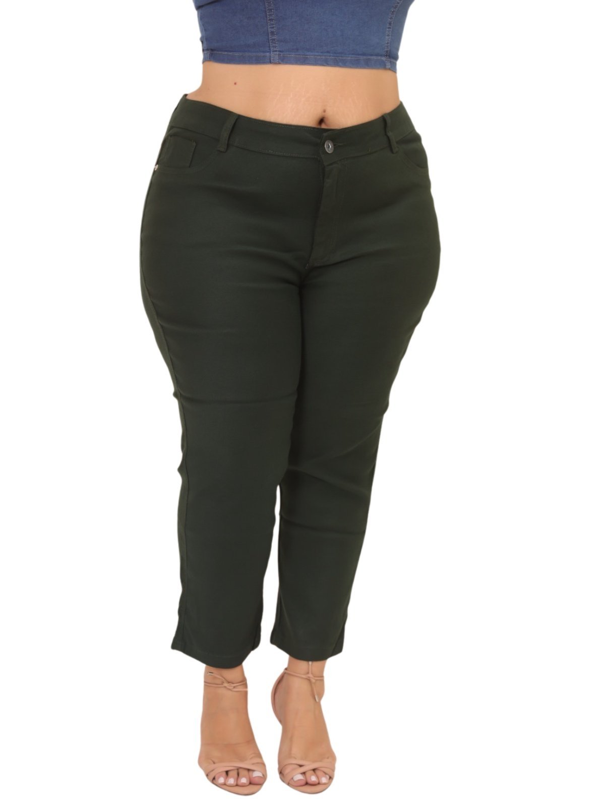 Calça Capri Feminina Jeans Light Plus Size Verde Escuro Sarja