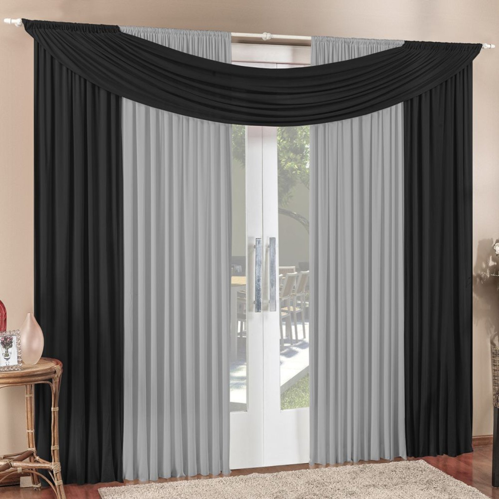 Cortina Tendência 3,00m x 2,50m para Varão em Malha Sala Quarto - Preta - 100% Poliéster