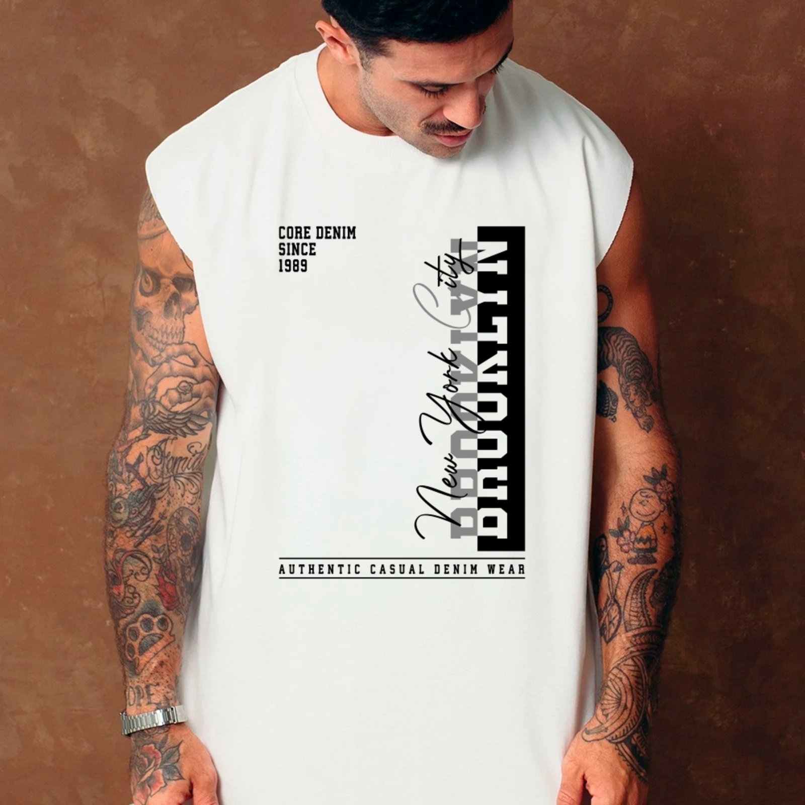 Camiseta Regata Machão Ousy Brooklyn New York City Treino Oversized Masculina Branco