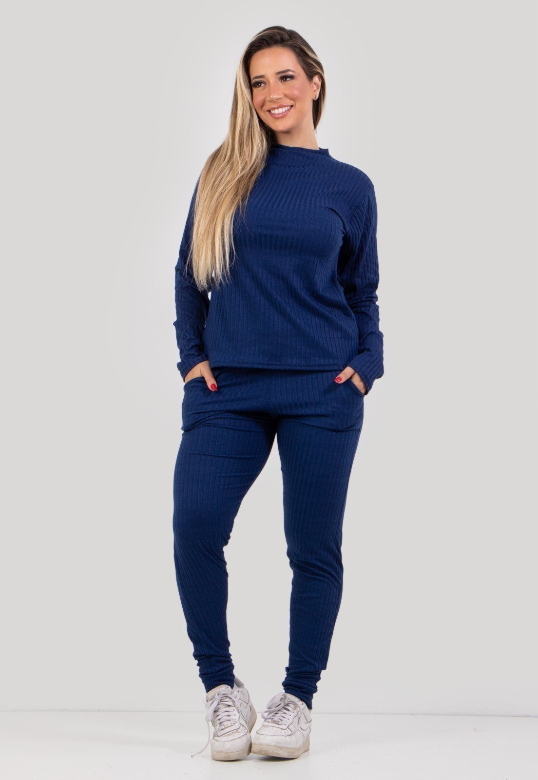 Conjunto Canelado 4 Estações Manga Longa Blusa Canelada Calça Jogger Cintura Alta Liso Azul Marinho