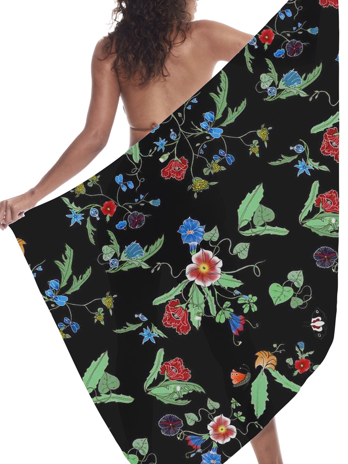 Canga Saída de Praia Malha Fria Elastano Estampado EXCLUSIVO Flores e Folhas Fundo Preto
