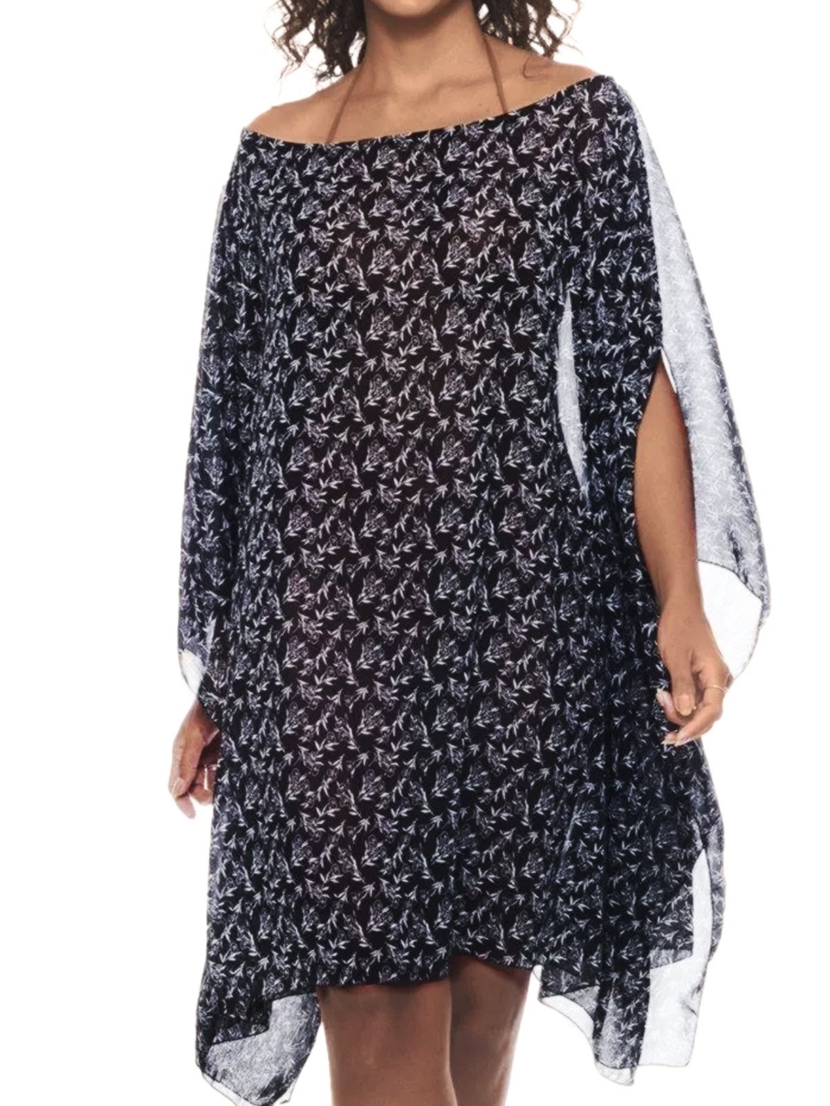 Saída Vestido Kaftan Curto Crepe Semitransparente Floral Preto Branco
