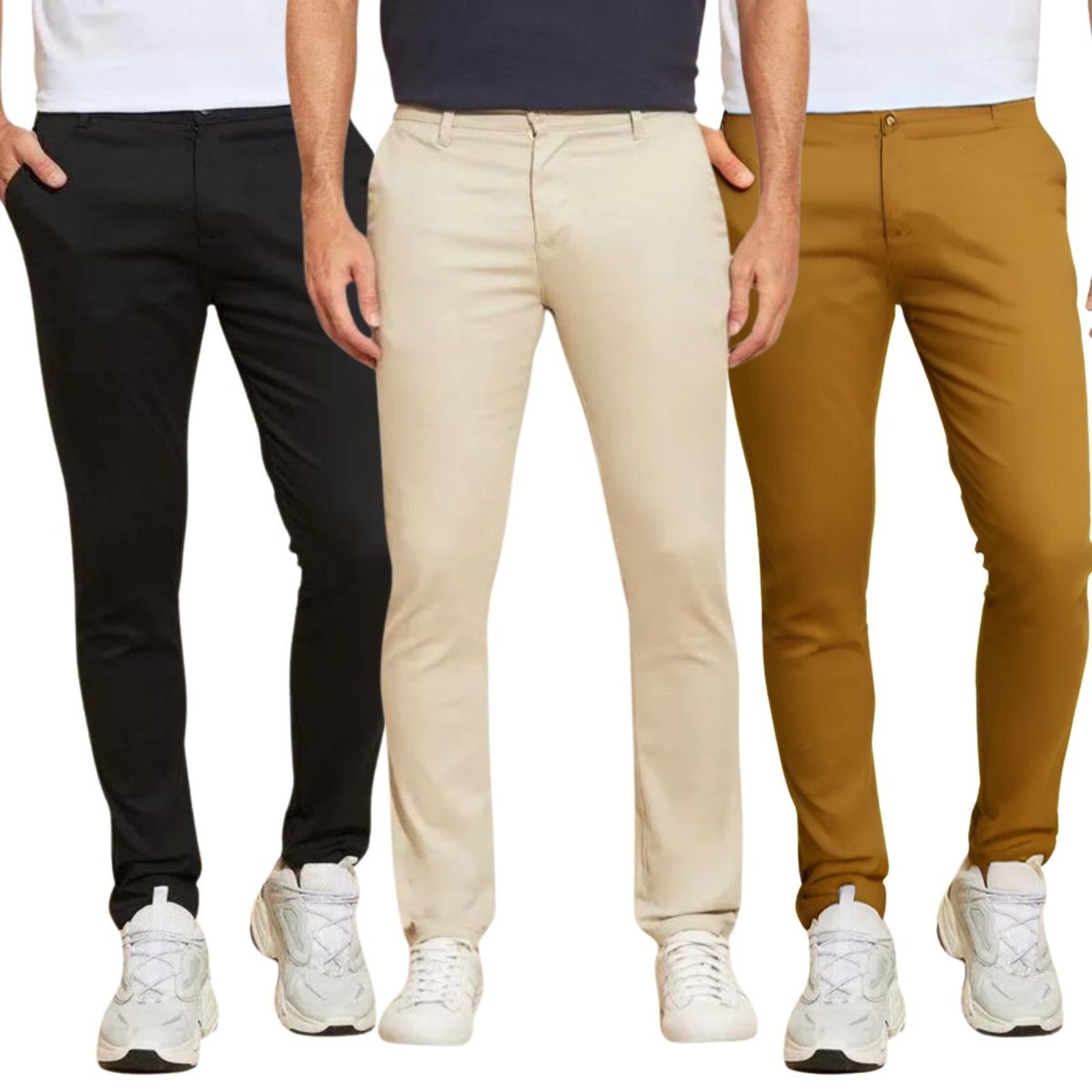 Kit 3 Calças FMF de Sarja Chino Com Bolso Traseiro Embutido Alfaiataria Skinny
