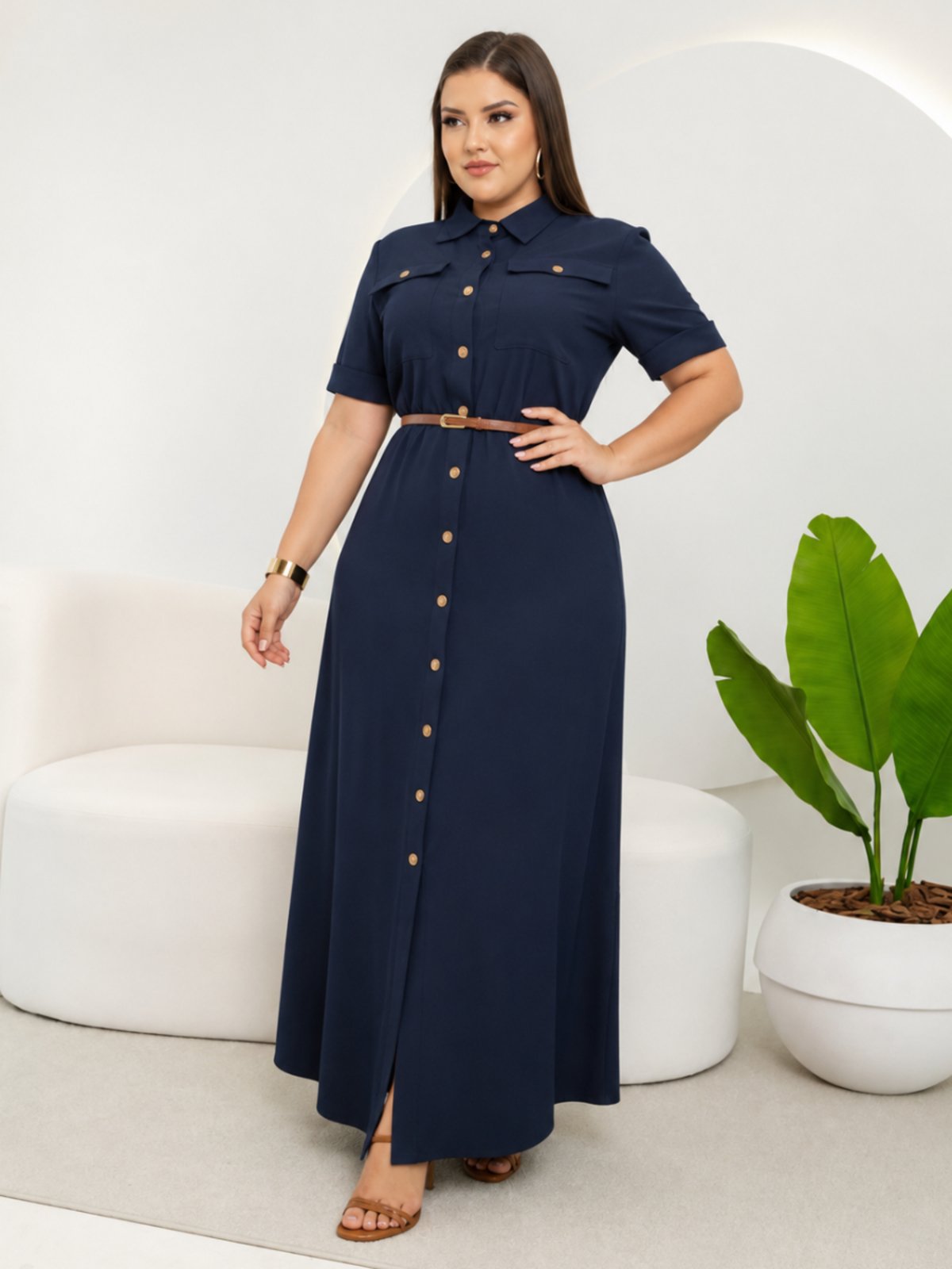 Vestido Feminino Casual Elegante Chemise com Cinto Manga Curta Social Trabalho Azul Marinho