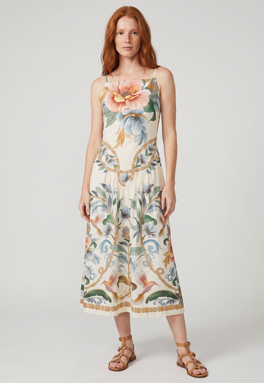 Vestido Feminino FARM Midi Alças Finas Floral Off-White