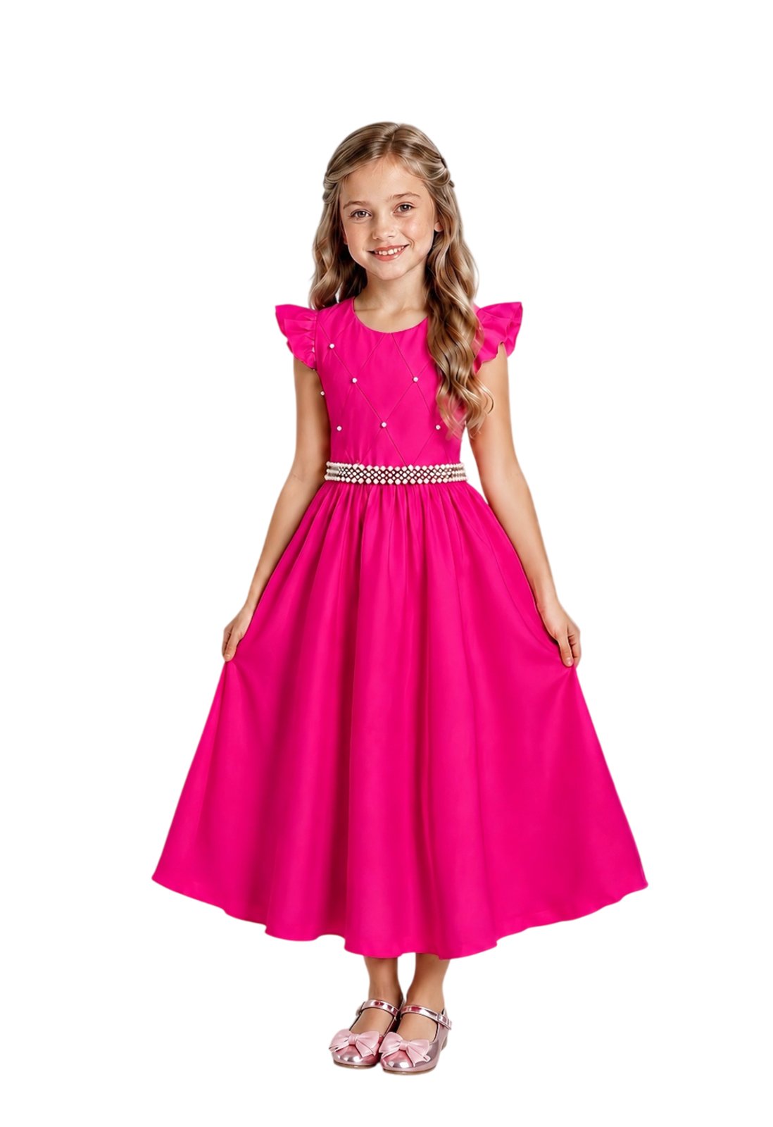 Infantil - Vestido Longo Social Rosa Pink Fucsia Festa Formatura Casamento Pérolas Dama Daminha Menina Juvenil Juvenil Princesa Rodado Florista Aniversário Luxo