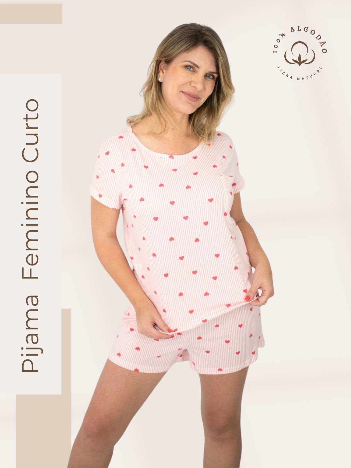 Pijama Feminino Manga Curta LISA – Listrado Corações Vermelho