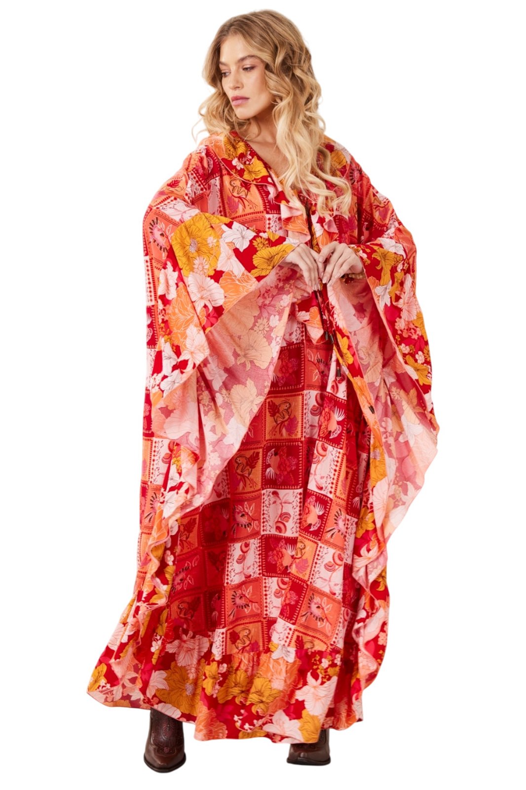 Kaftan Longo Laranja Estampa Geométrica Patchwork Yacamim J8 – Patchwork