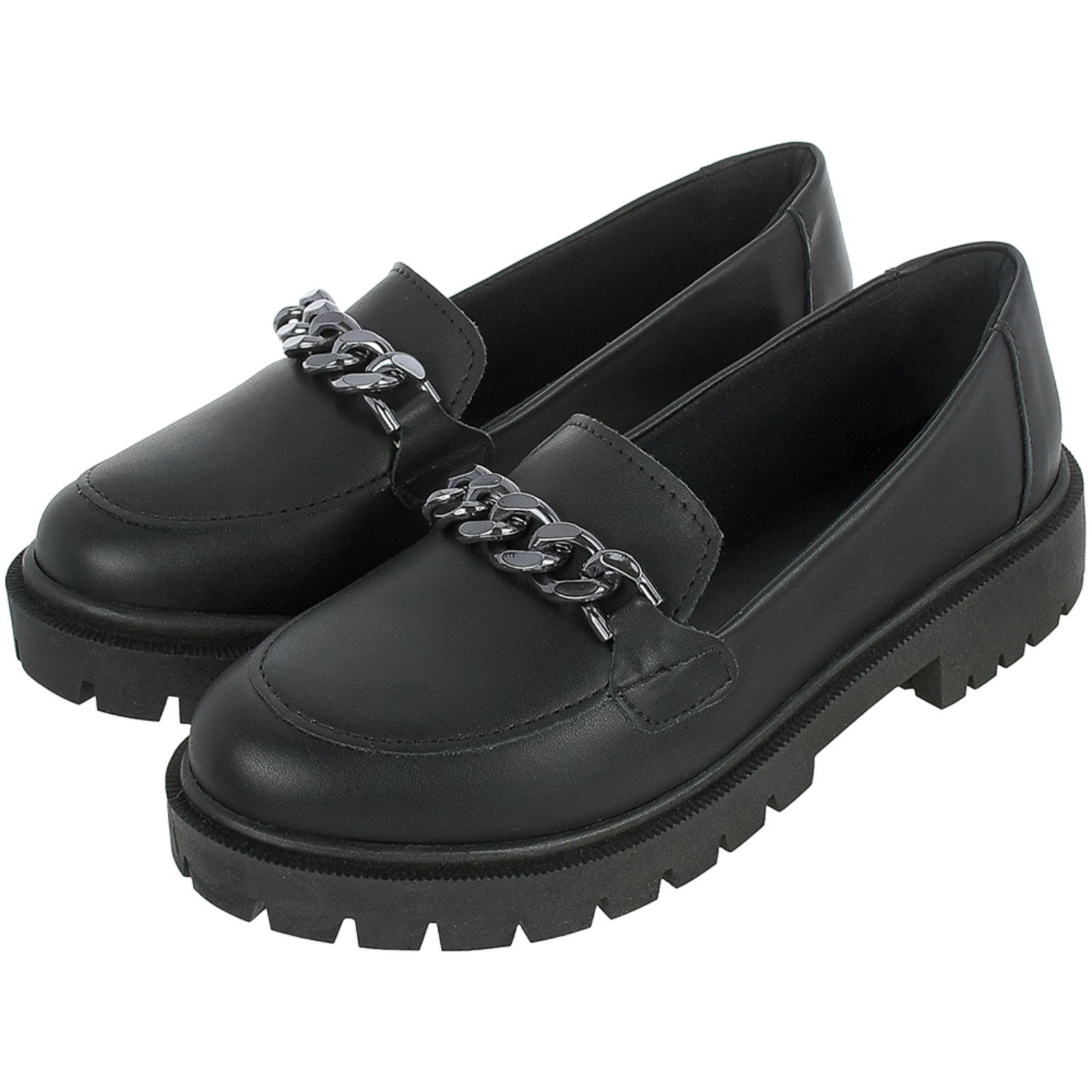 Sapato Feminino Mocassim Tratorado Donatella Shoes Bico Redondo Confort Preto com corrente