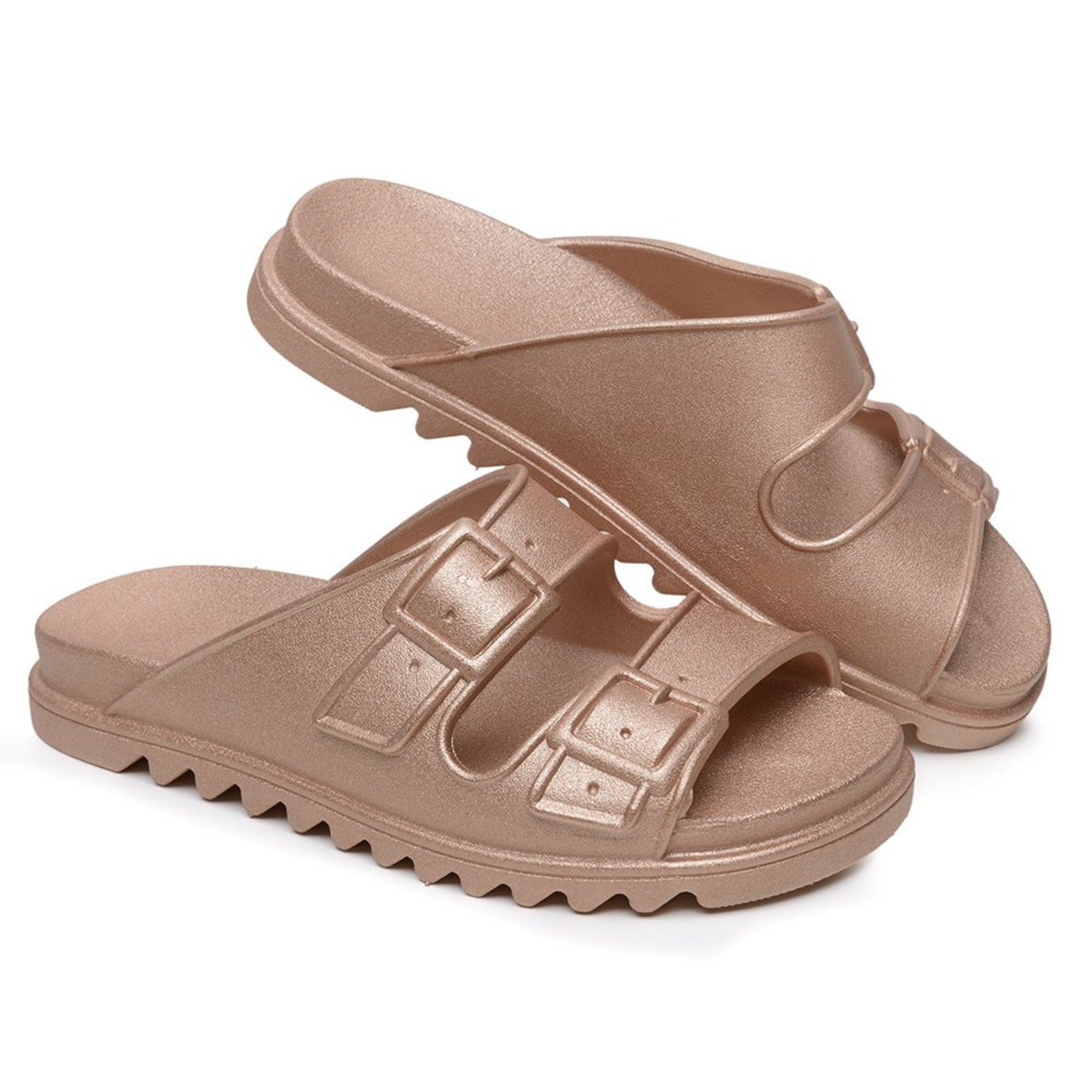 Chinelo Feminino Casual Veritimo Papete Slide Rasteira Flat Elegante Leve Metalizada Rosê