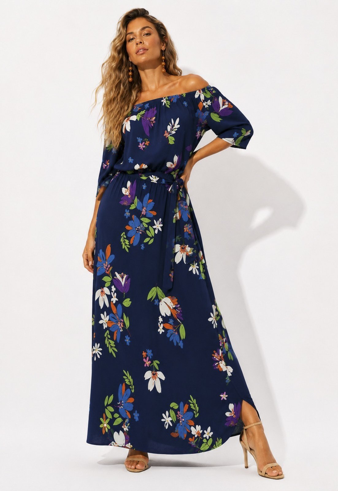 Vestido Midi Cabanafree Ciganinha Viscose com Lapela Estampa Festa das Flores Azul