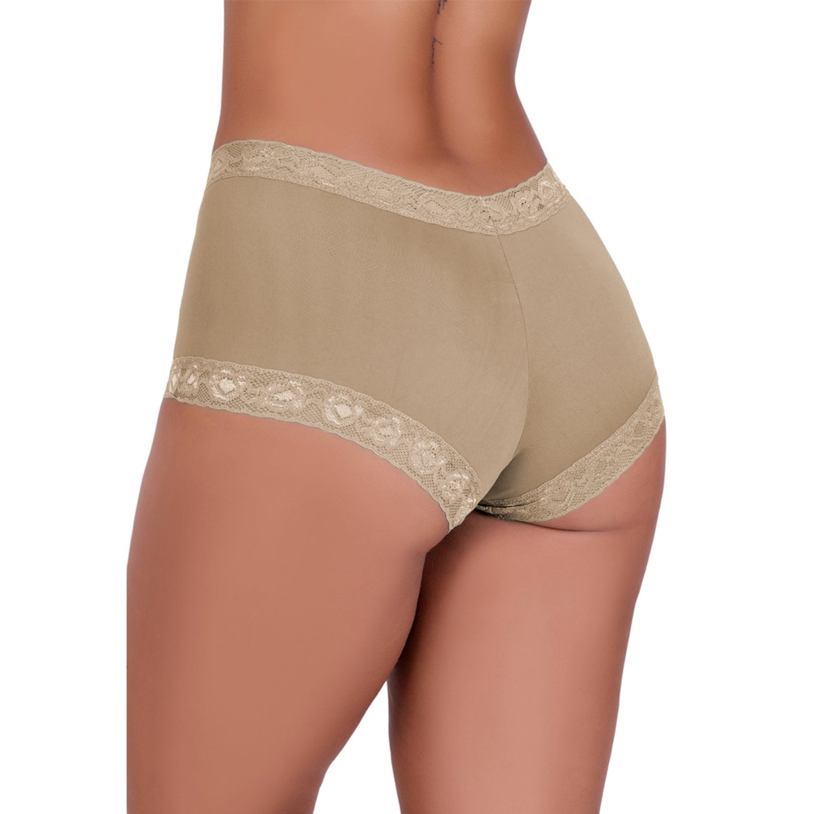 Vista 3 Tanga Gabi Lingerie Shortinho Poliamida Cintura Alta Detalhes em Renda Sensual bege Gabi Lingerie bege