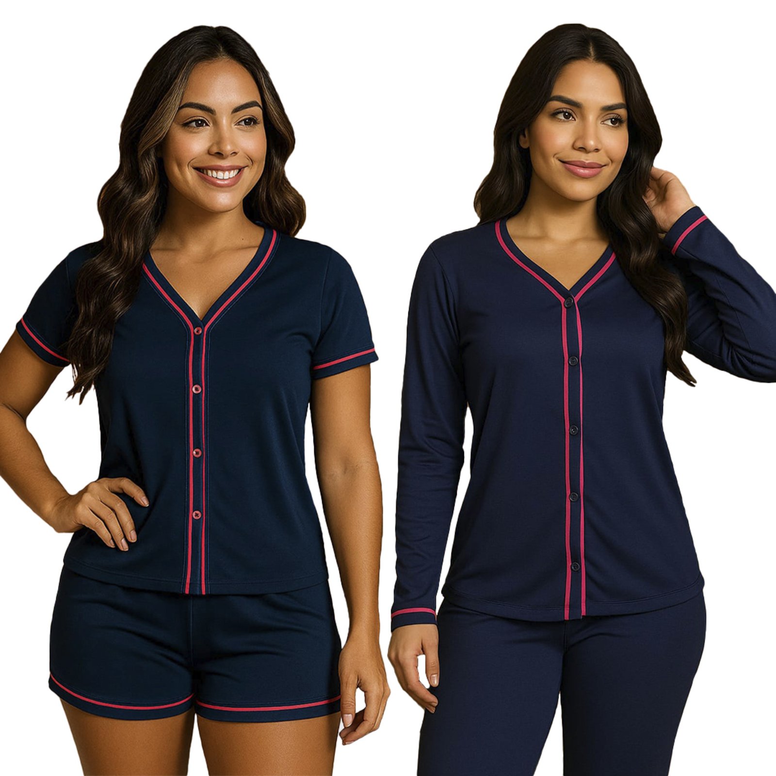 Kit 2 Pijamas Gabi Lingerie Estilo Blogueira Manga Curta e Manga Comprida Modelagem Perfeita Elegante Moda Feminina Marinho