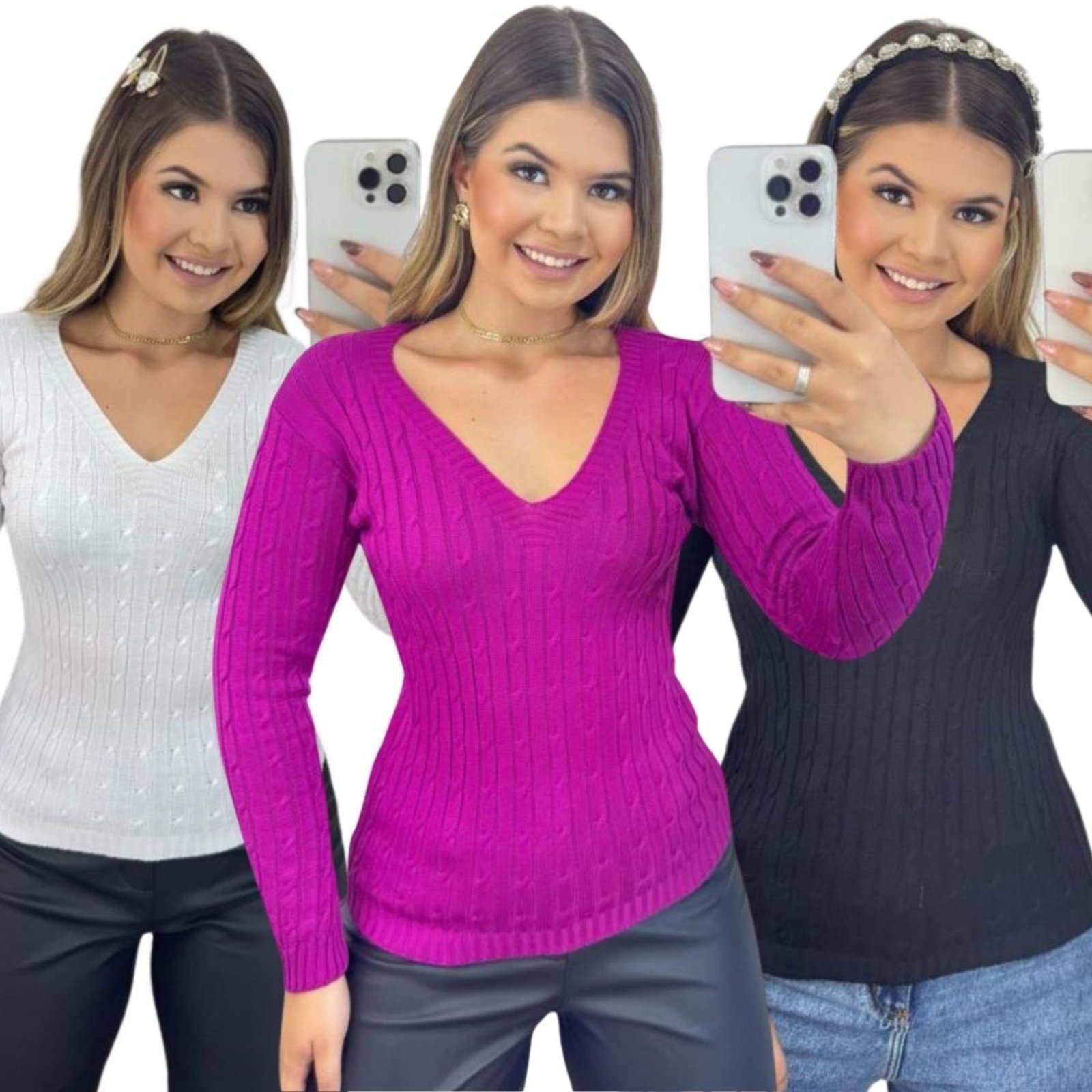 Kit 3 Blusas FMF Femininas Suéter Malha Tricô Manga Longa