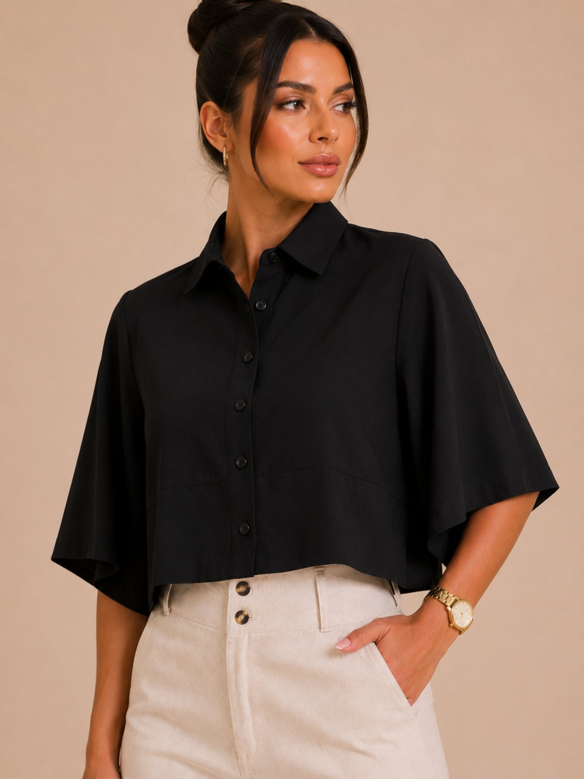 Camisa Feminina Lapetry Cropped Manga Sino Preta