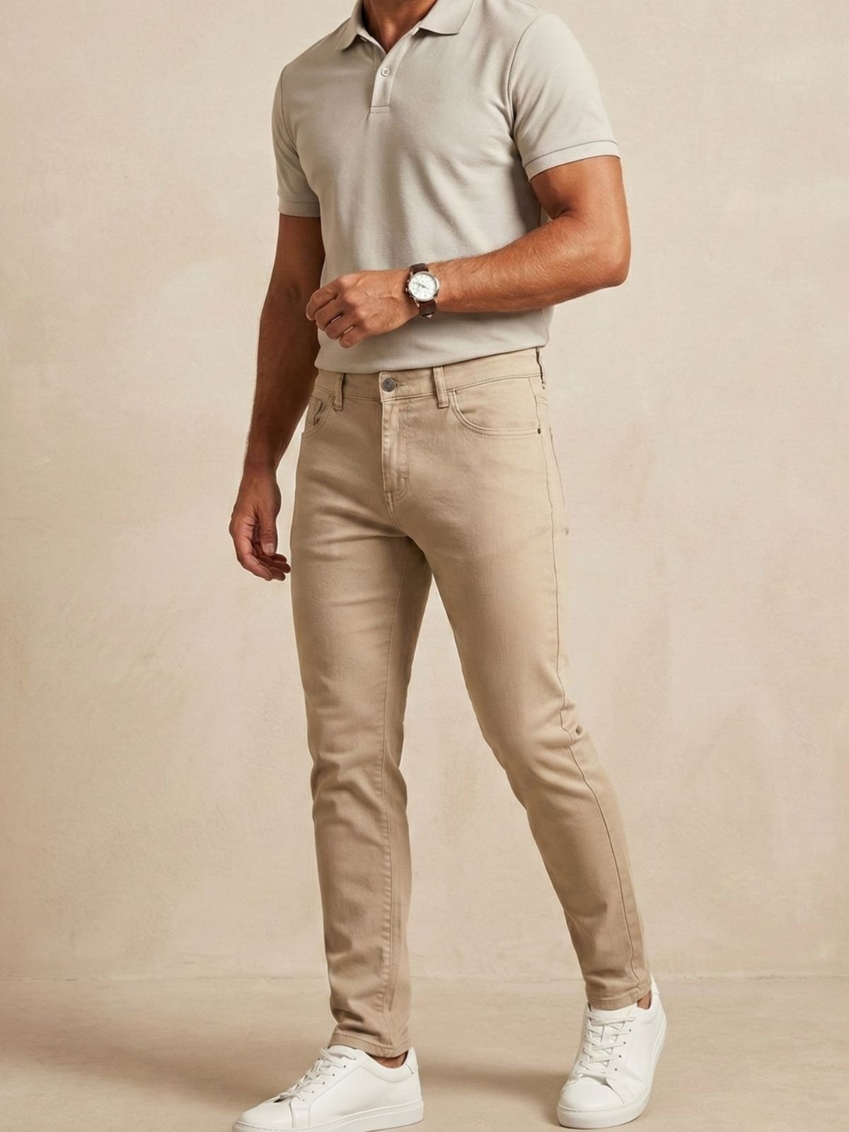 Calça Sarja Masculina Kovali Premium Com Elastano Confortável Bege