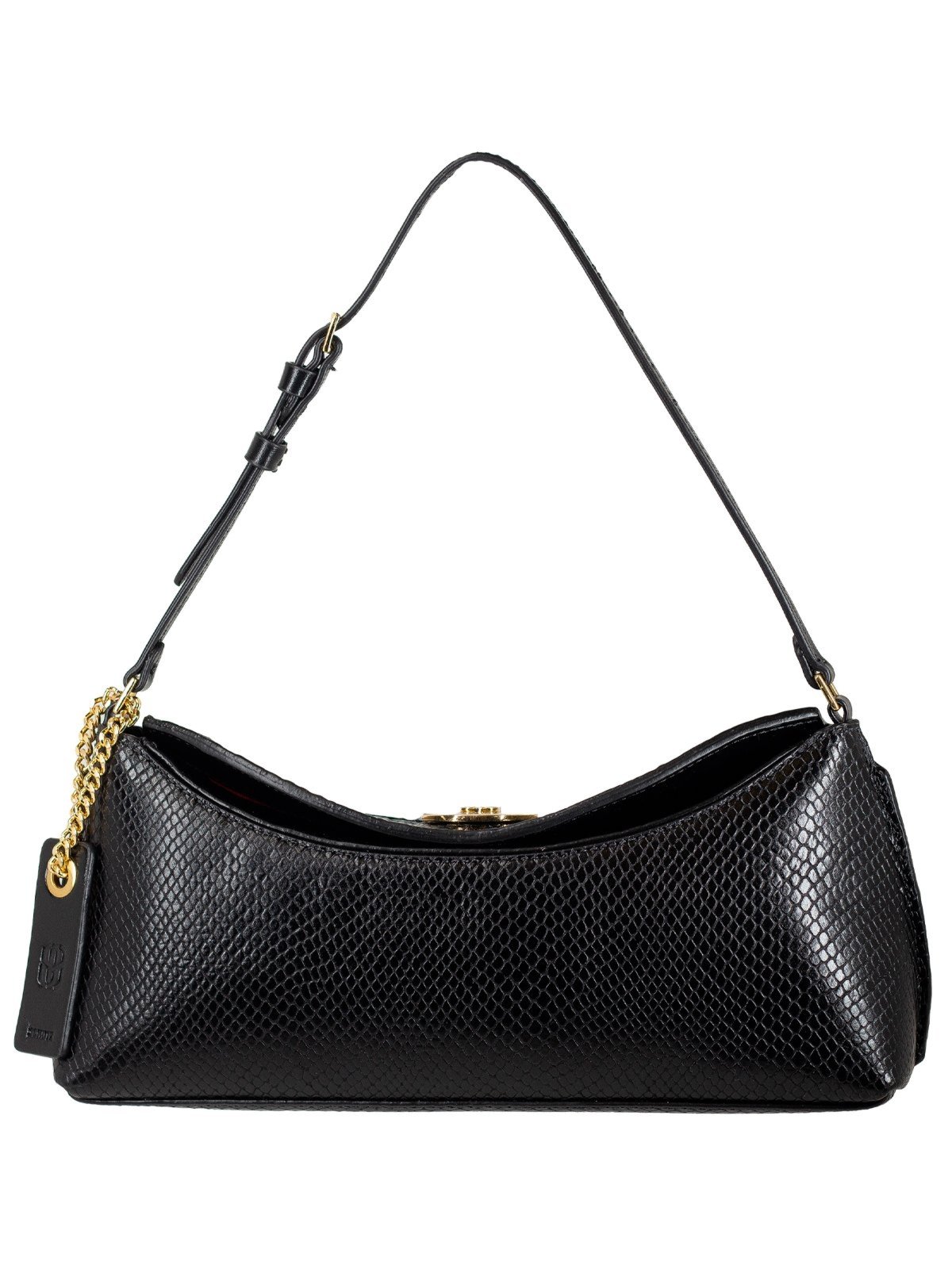 Bolsa Feminina Pequena Schutz Shoulder Zoe Couro Croco Alça Fina Ajustável Preto Black