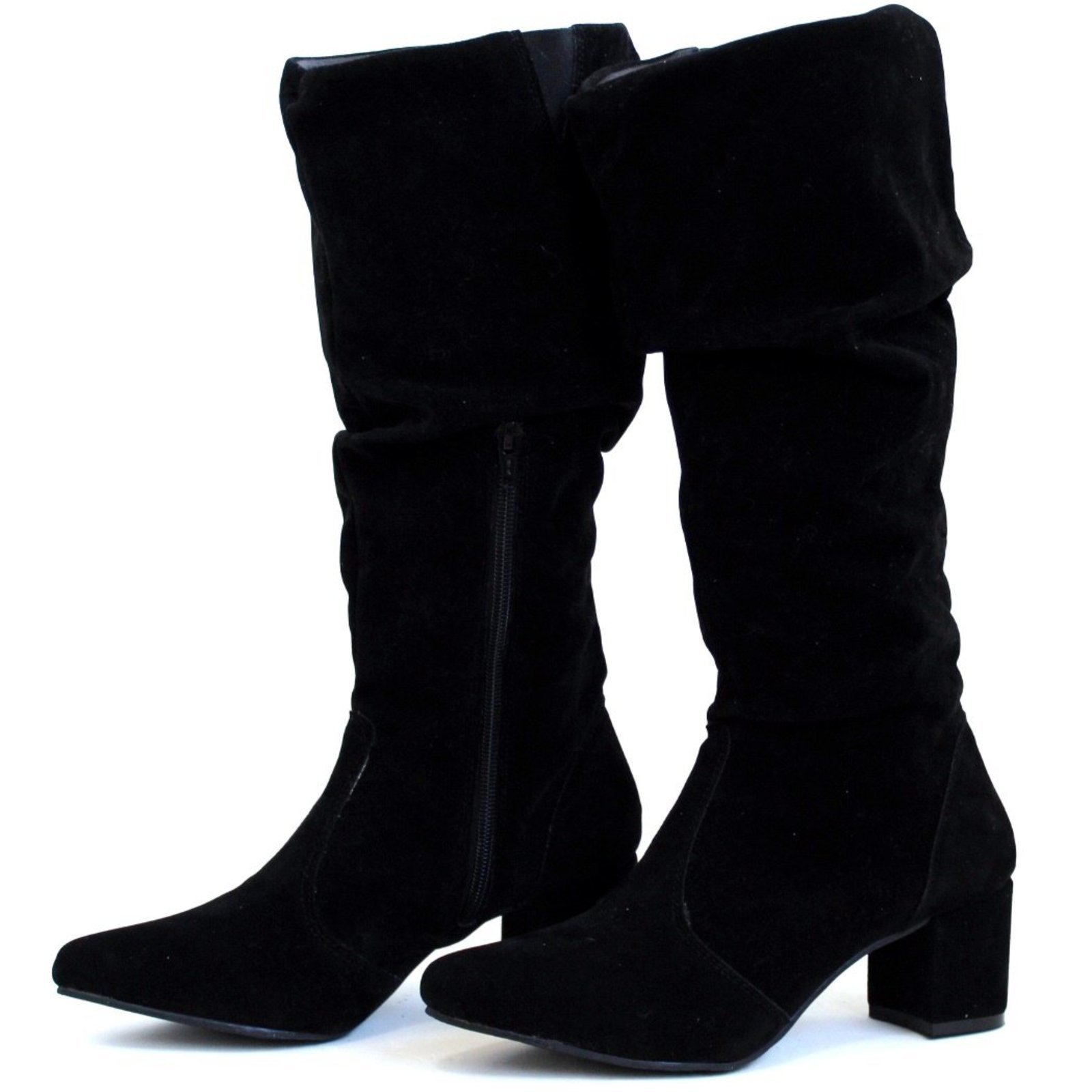 Botas Femininas Cano Enrugado Lirom Cano Alto Camurçada Preta Preto