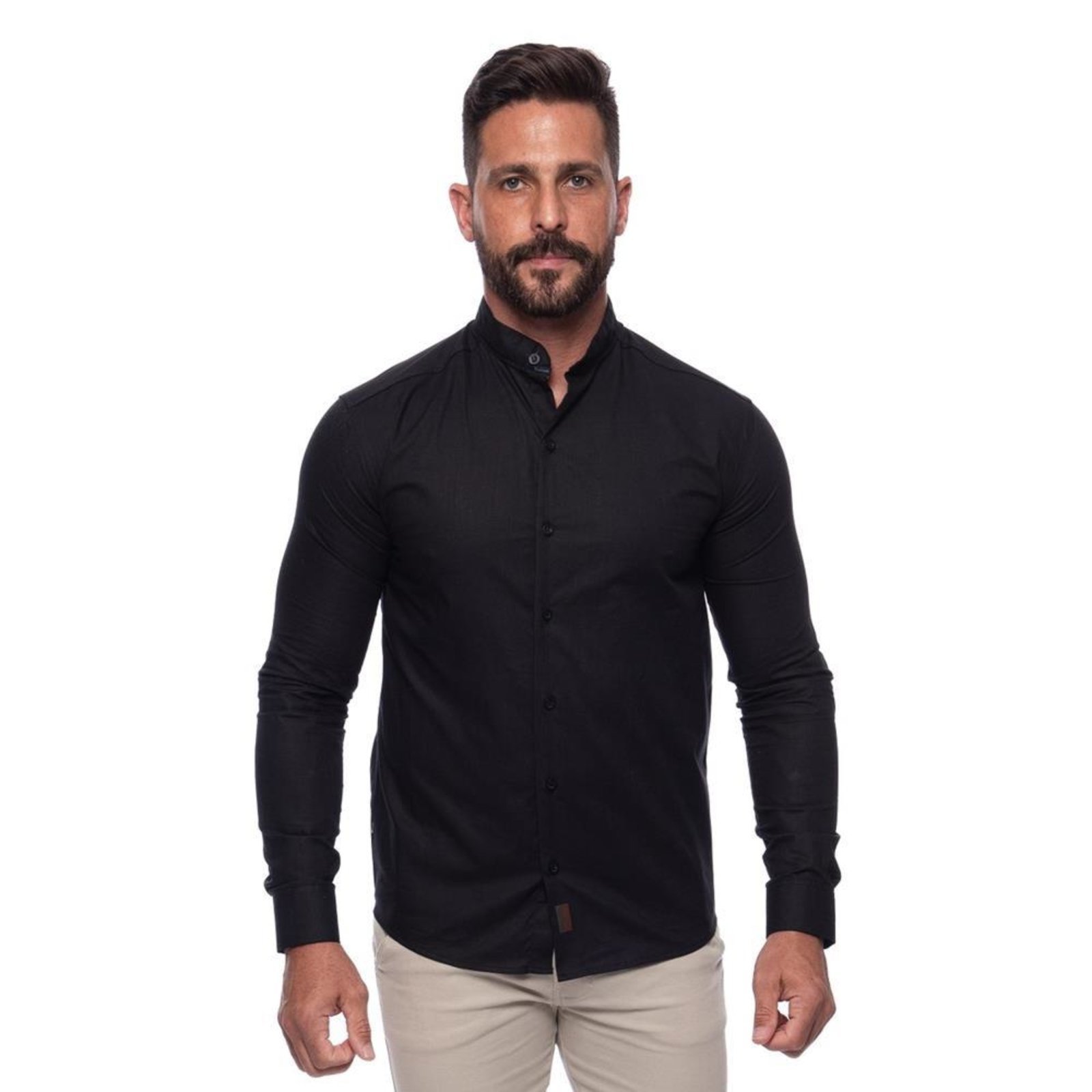 Camisa Masculina Linho Manga Longa Gola Padre Lisa Casual Azul Claro G Preto